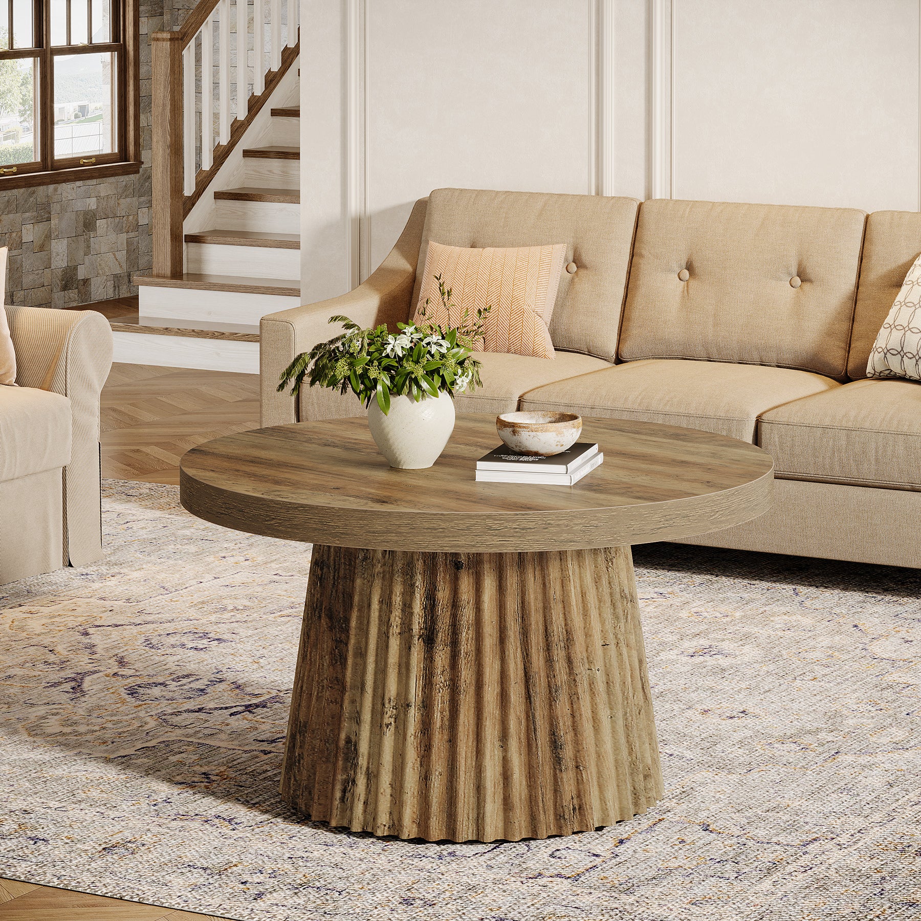 Round Coffee Table, 31.5" Circle Center Table with Fluted Drum Base - Image 5