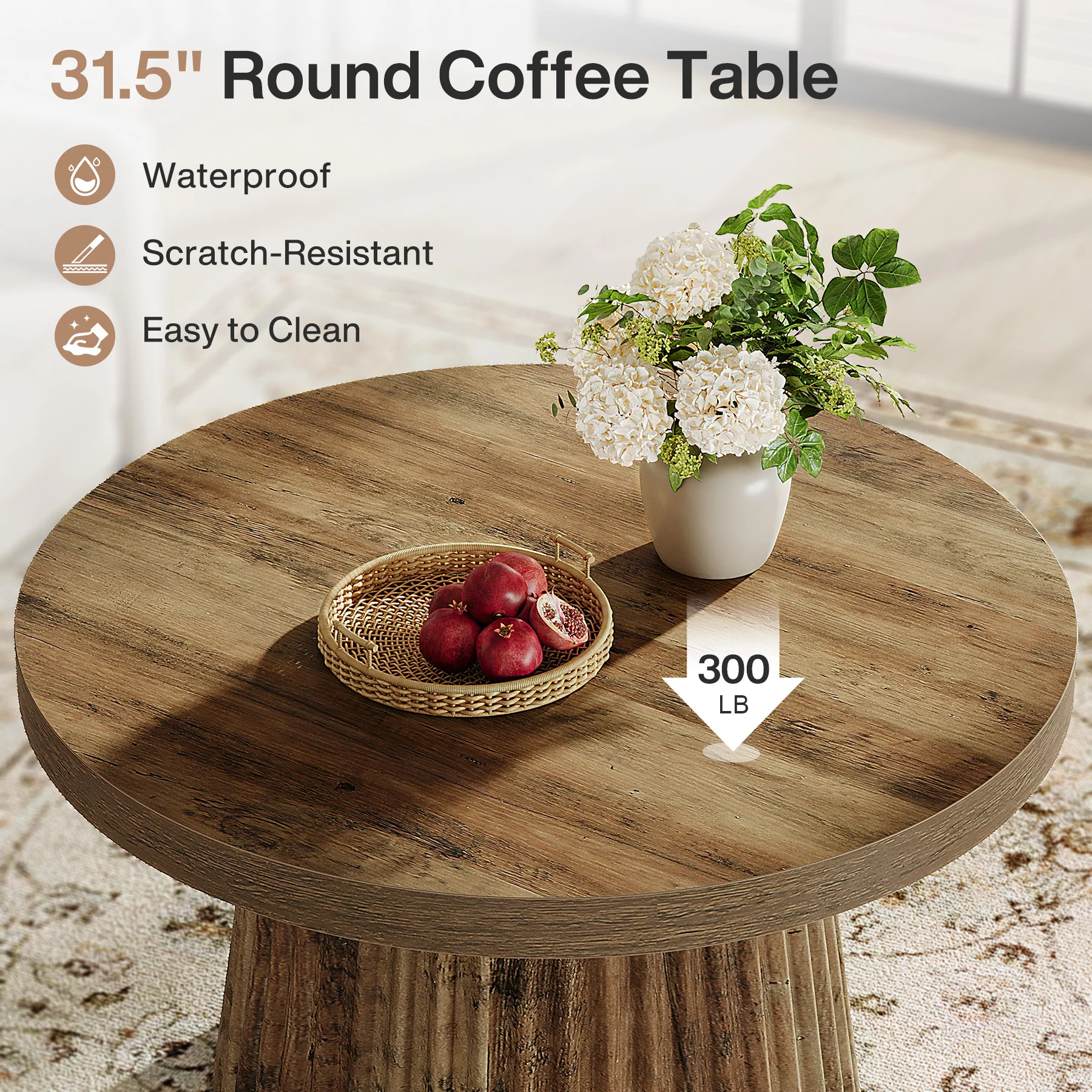 Round Coffee Table, 31.5" Circle Center Table with Fluted Drum Base - Image 7