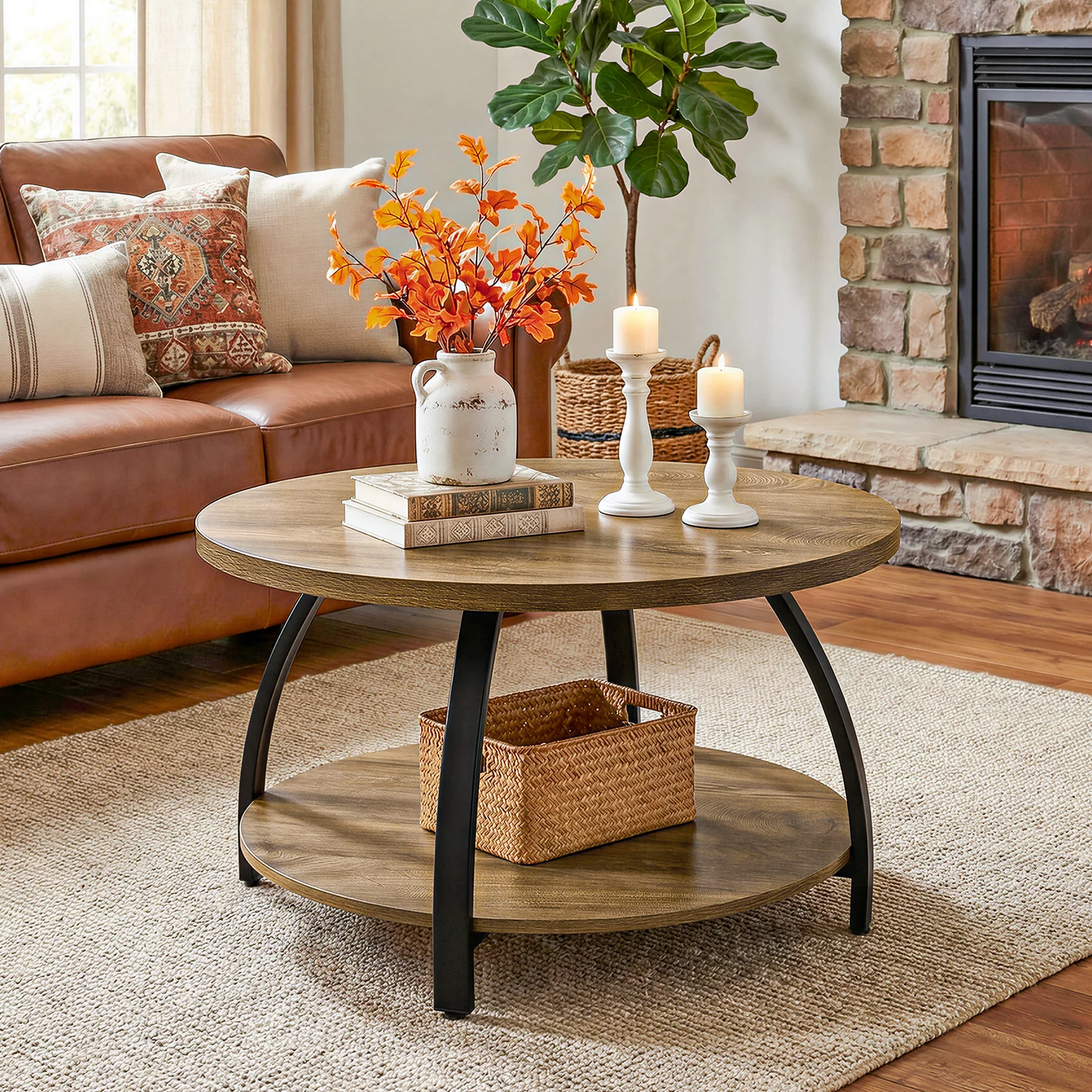 Round Coffee Table, 31.5" Center Cocktail Table with 2-Tier Storage Shelves