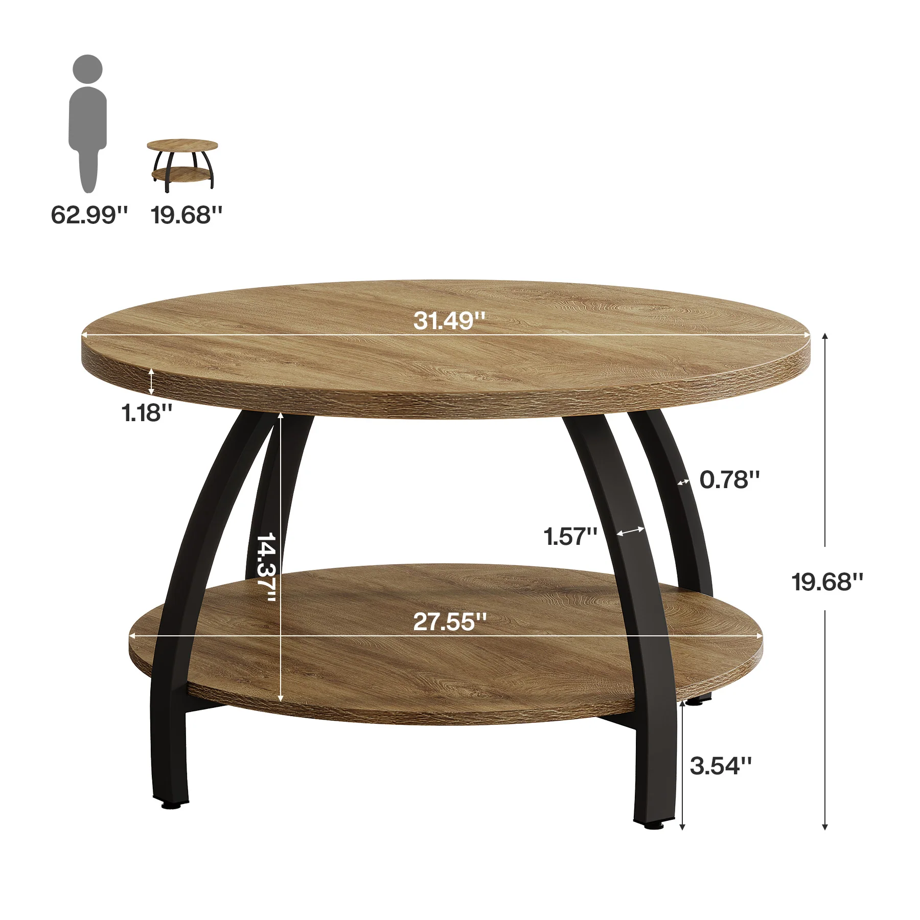 Round Coffee Table, 31.5" Center Cocktail Table with 2-Tier Storage Shelves - Image 2