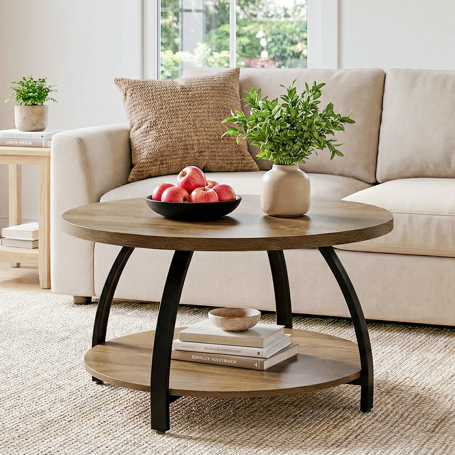 Round Coffee Table, 31.5" Center Cocktail Table with 2-Tier Storage Shelves - Image 3