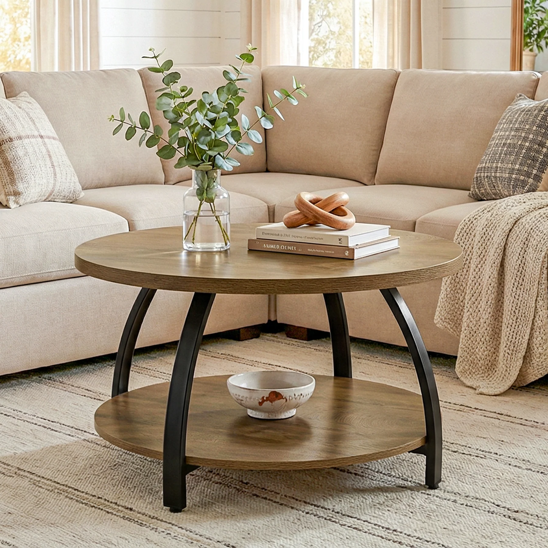 Round Coffee Table, 31.5" Center Cocktail Table with 2-Tier Storage Shelves - Image 4