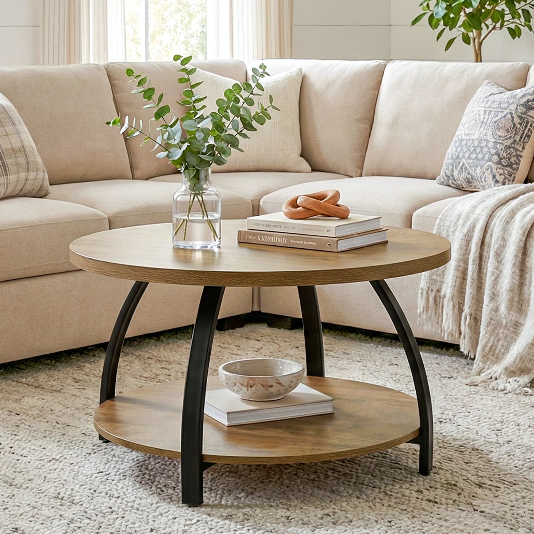 Round Coffee Table, 31.5" Center Cocktail Table with 2-Tier Storage Shelves - Image 5