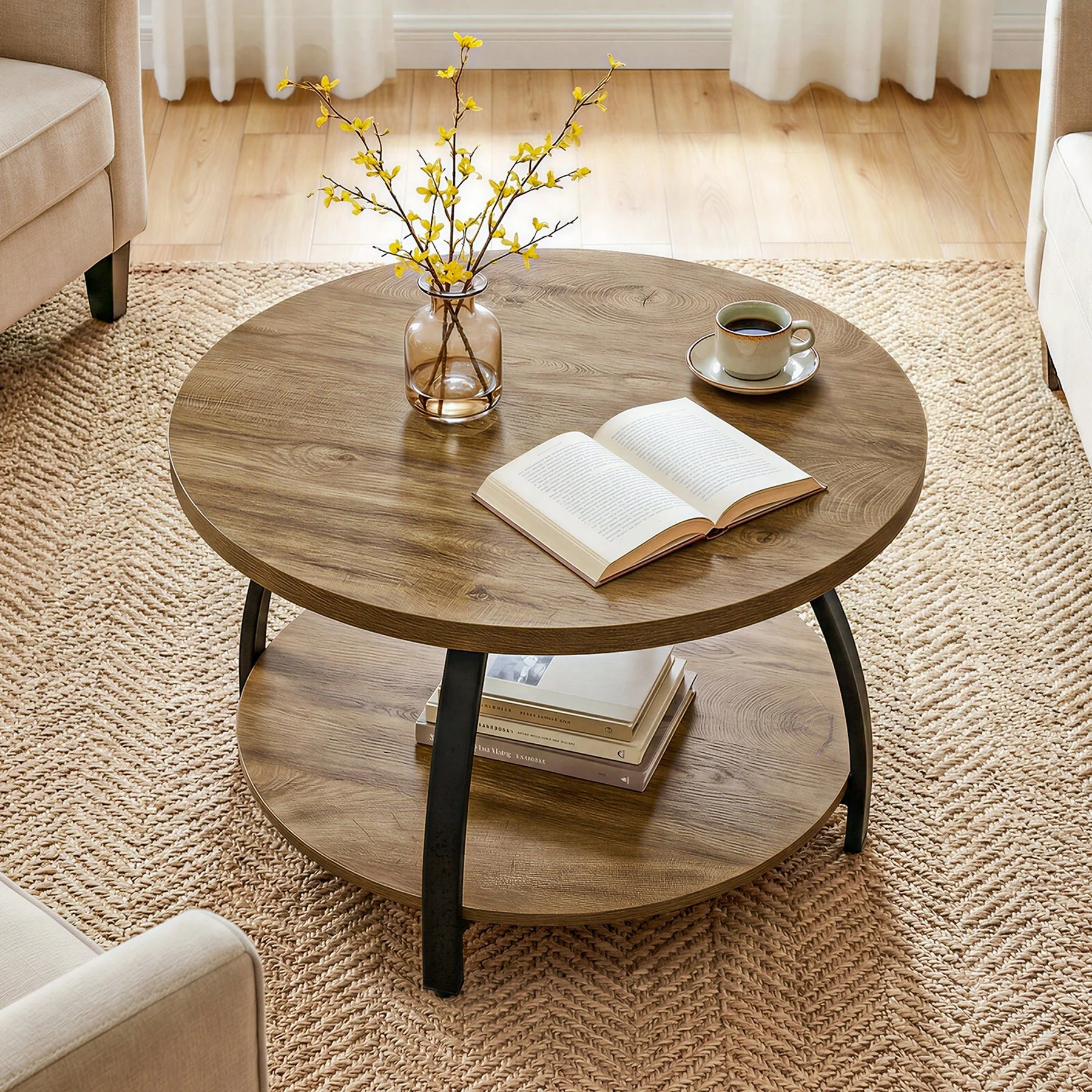 Round Coffee Table, 31.5" Center Cocktail Table with 2-Tier Storage Shelves - Image 6