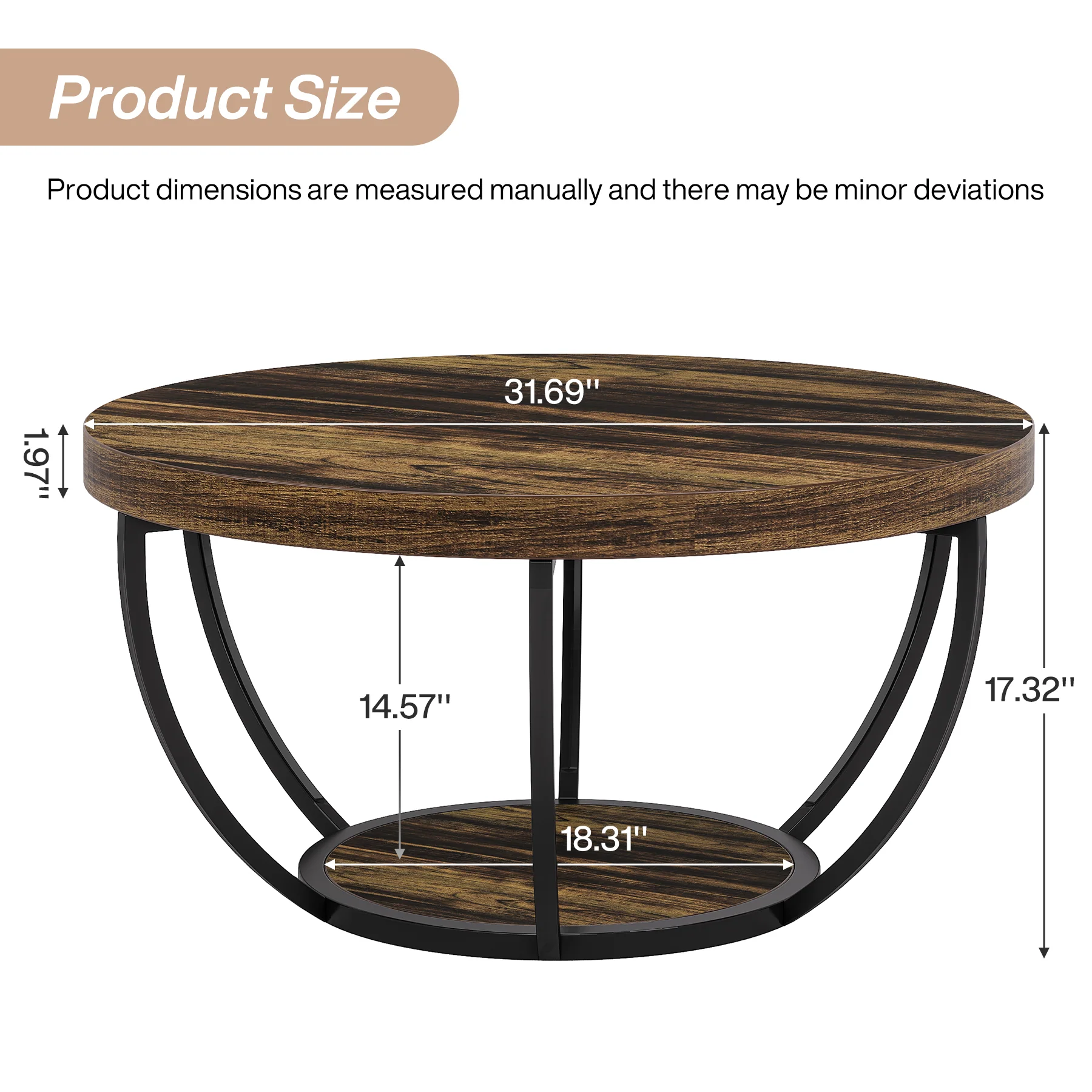 Round Coffee Table, 31.7" Center Table with 2-Tier Storage Shelves - Image 10