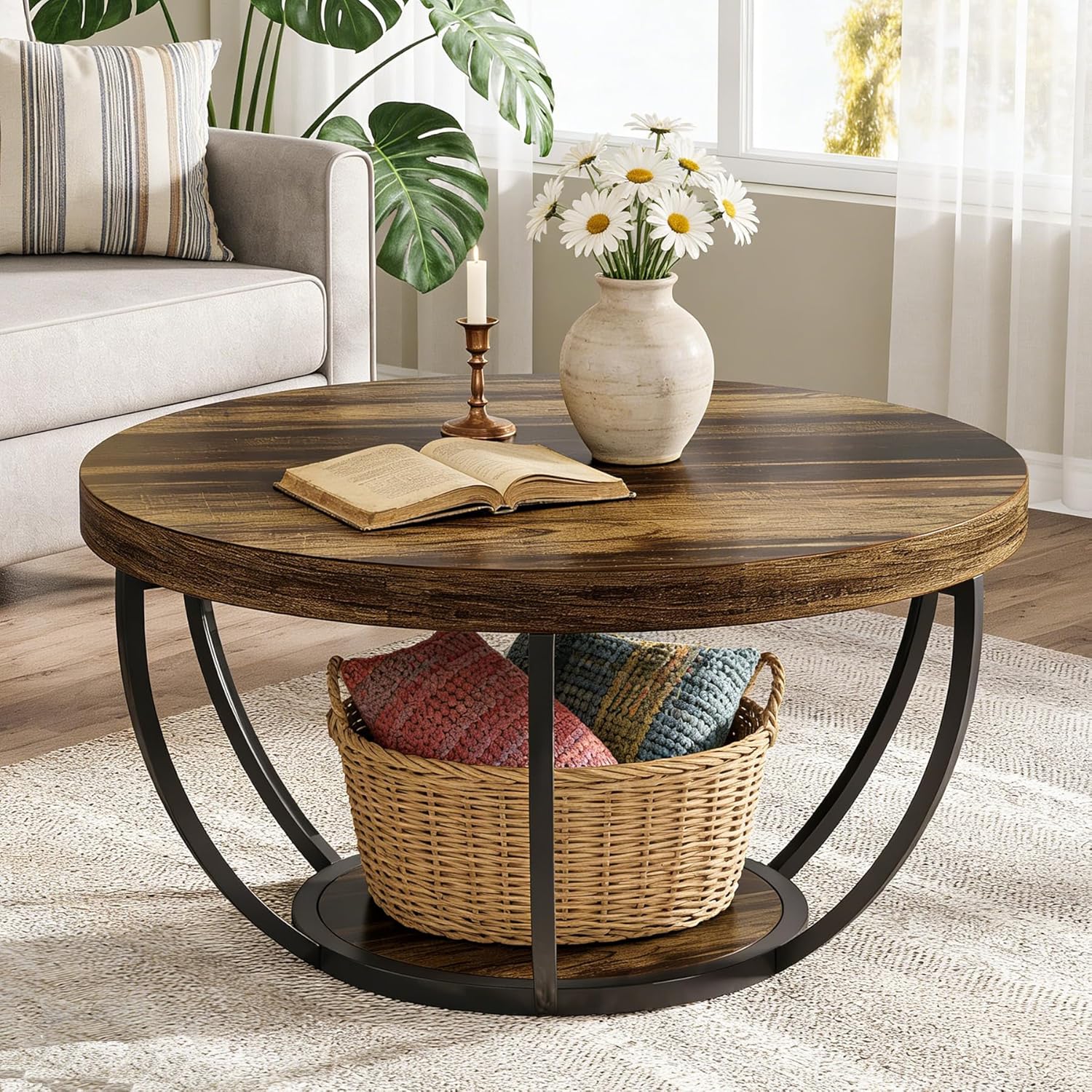 Round Coffee Table, 31.7" Center Table with 2-Tier Storage Shelves - Image 11