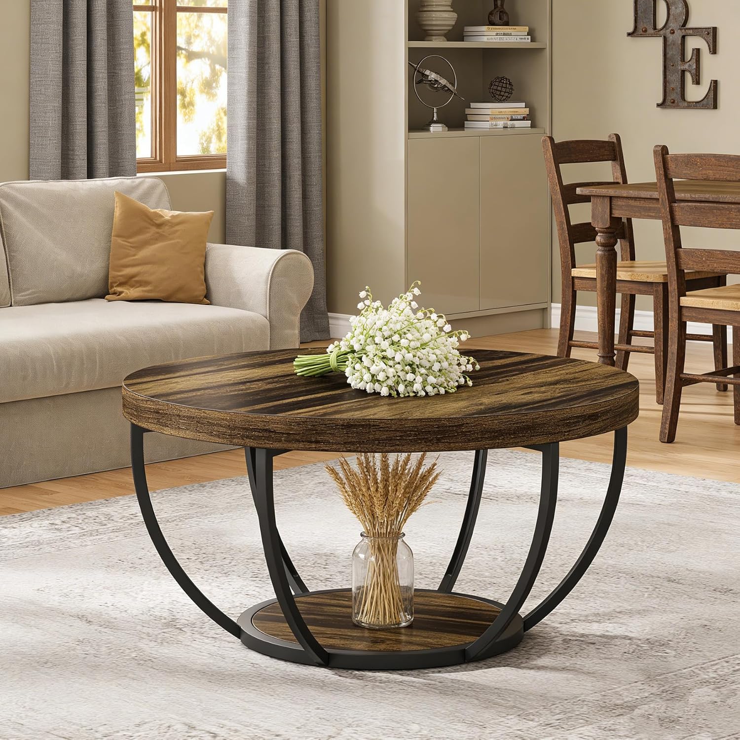 Round Coffee Table, 31.7" Center Table with 2-Tier Storage Shelves - Image 12