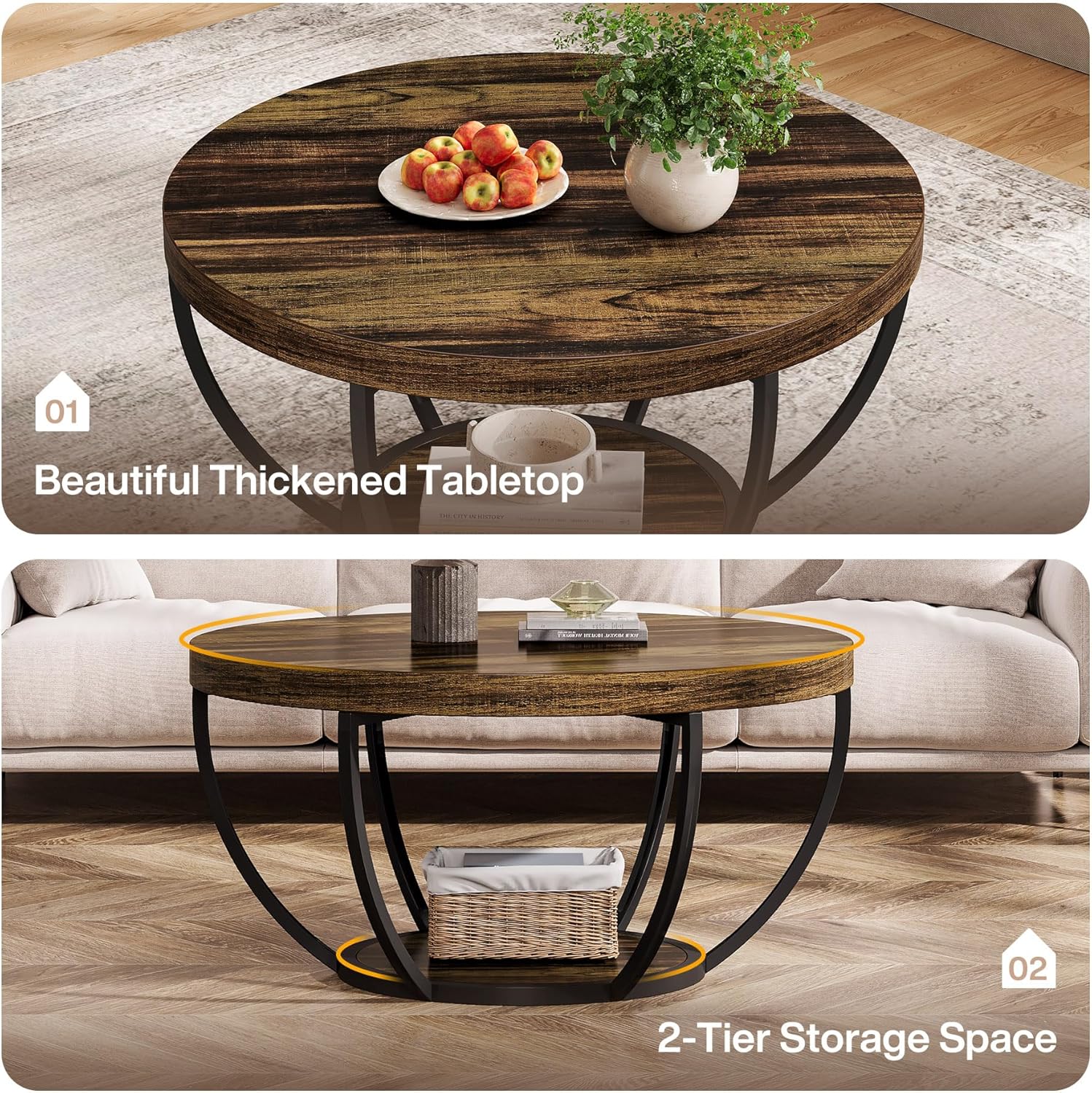Round Coffee Table, 31.7" Center Table with 2-Tier Storage Shelves - Image 13