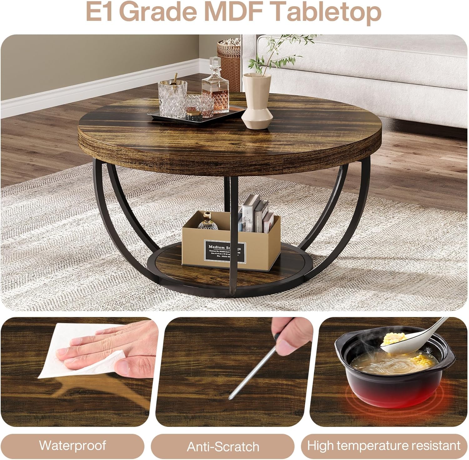 Round Coffee Table, 31.7" Center Table with 2-Tier Storage Shelves - Image 14