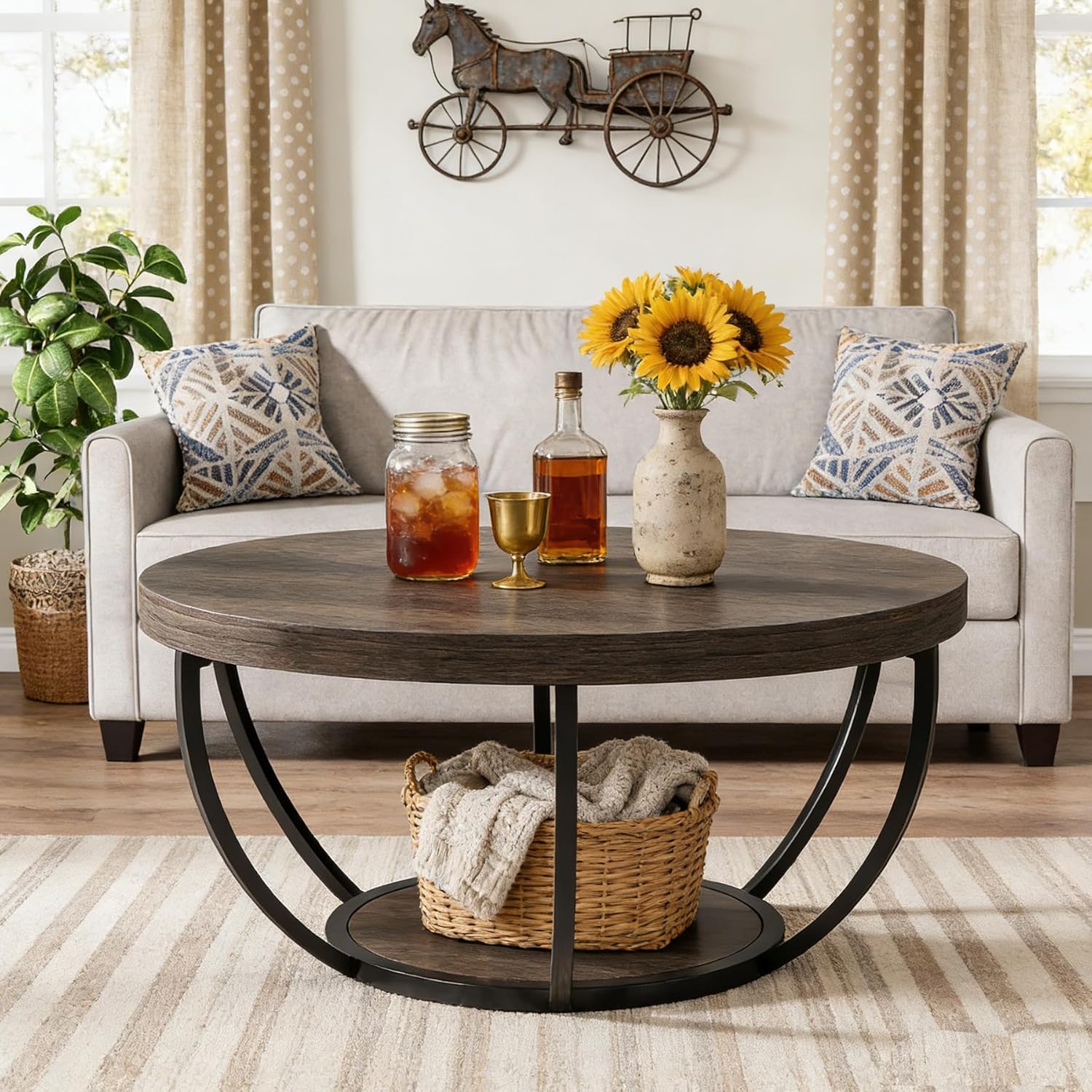 Round Coffee Table, 31.7" Center Table with 2-Tier Storage Shelves - Image 17