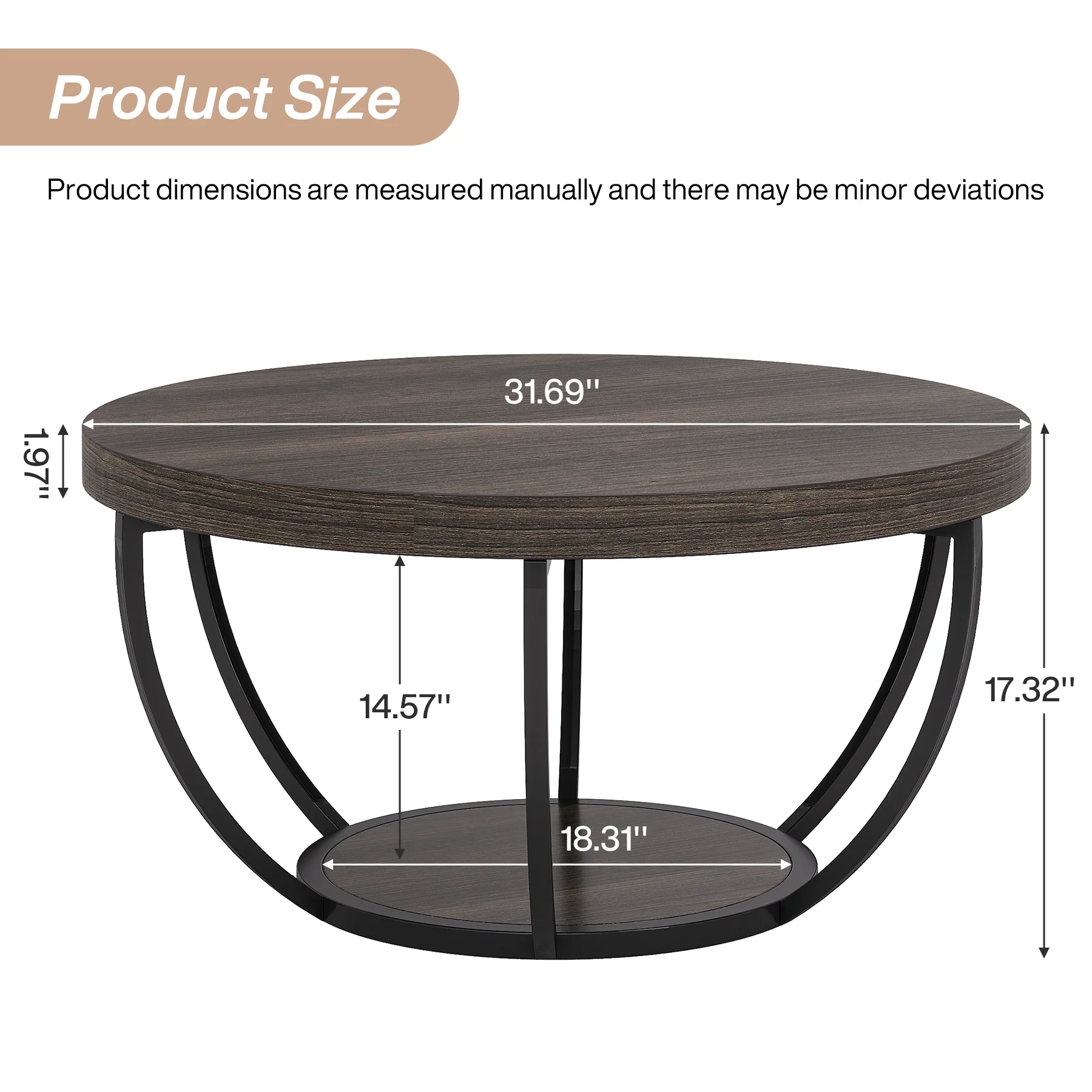 Round Coffee Table, 31.7" Center Table with 2-Tier Storage Shelves - Image 18