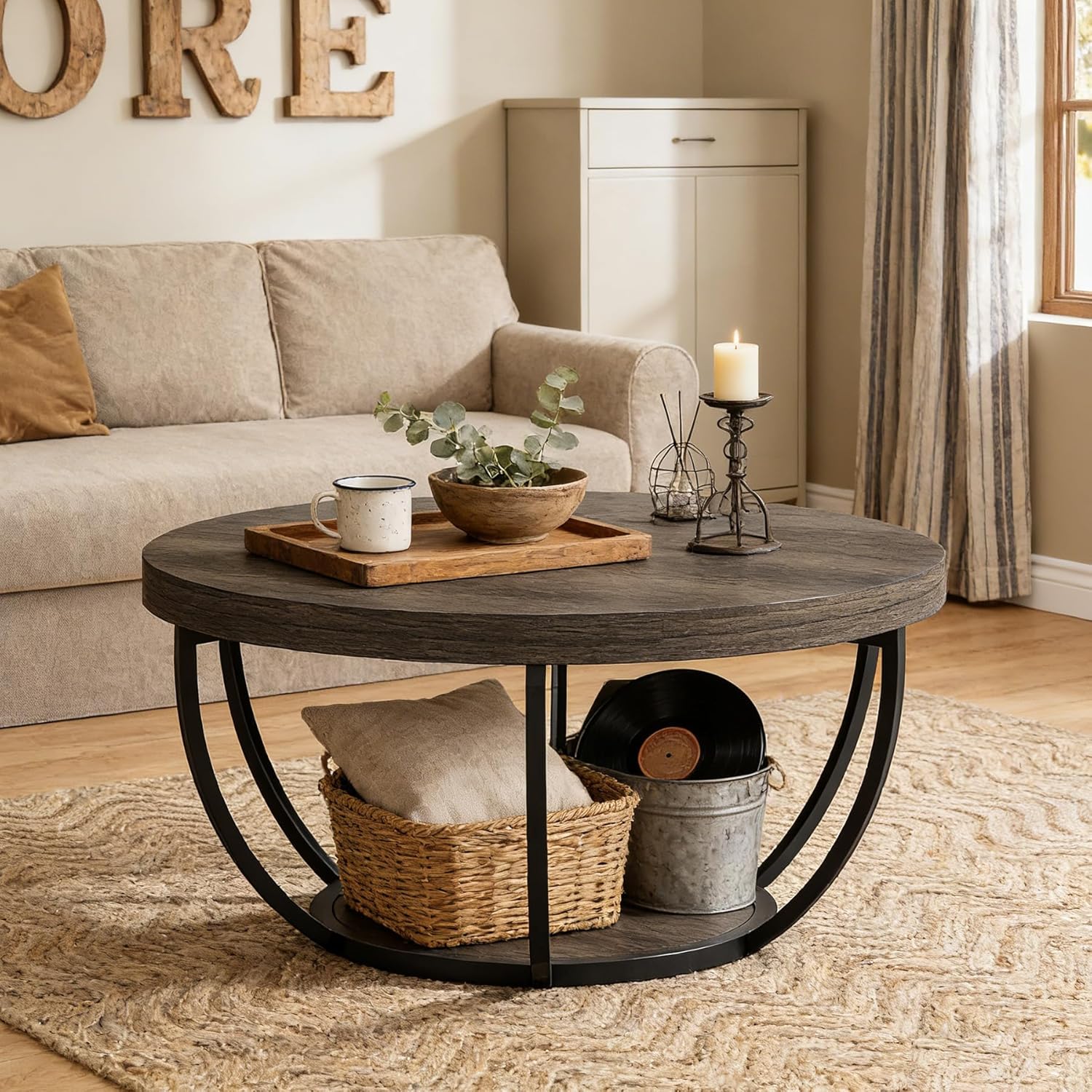 Round Coffee Table, 31.7" Center Table with 2-Tier Storage Shelves - Image 19