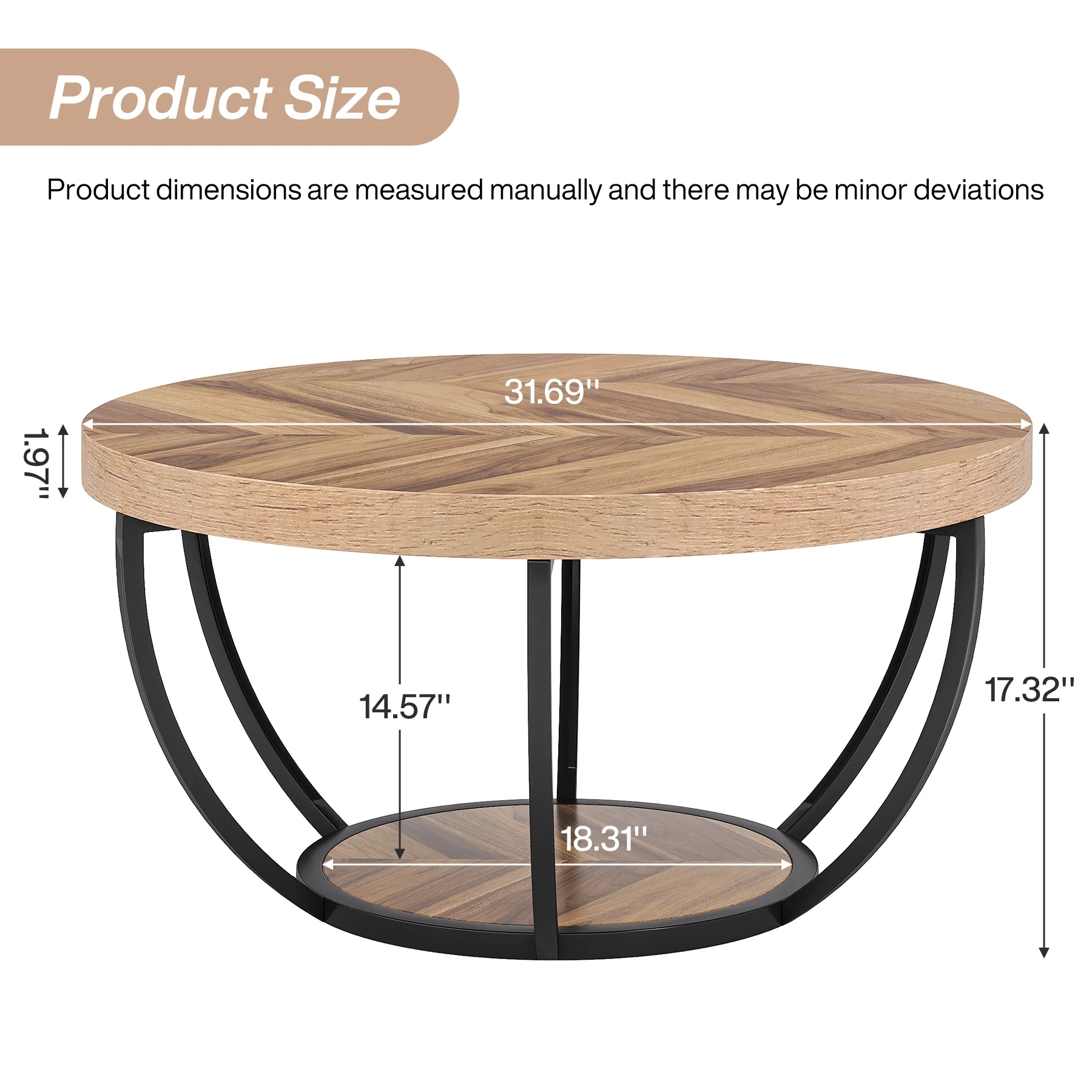 Round Coffee Table, 31.7" Center Table with 2-Tier Storage Shelves - Image 2