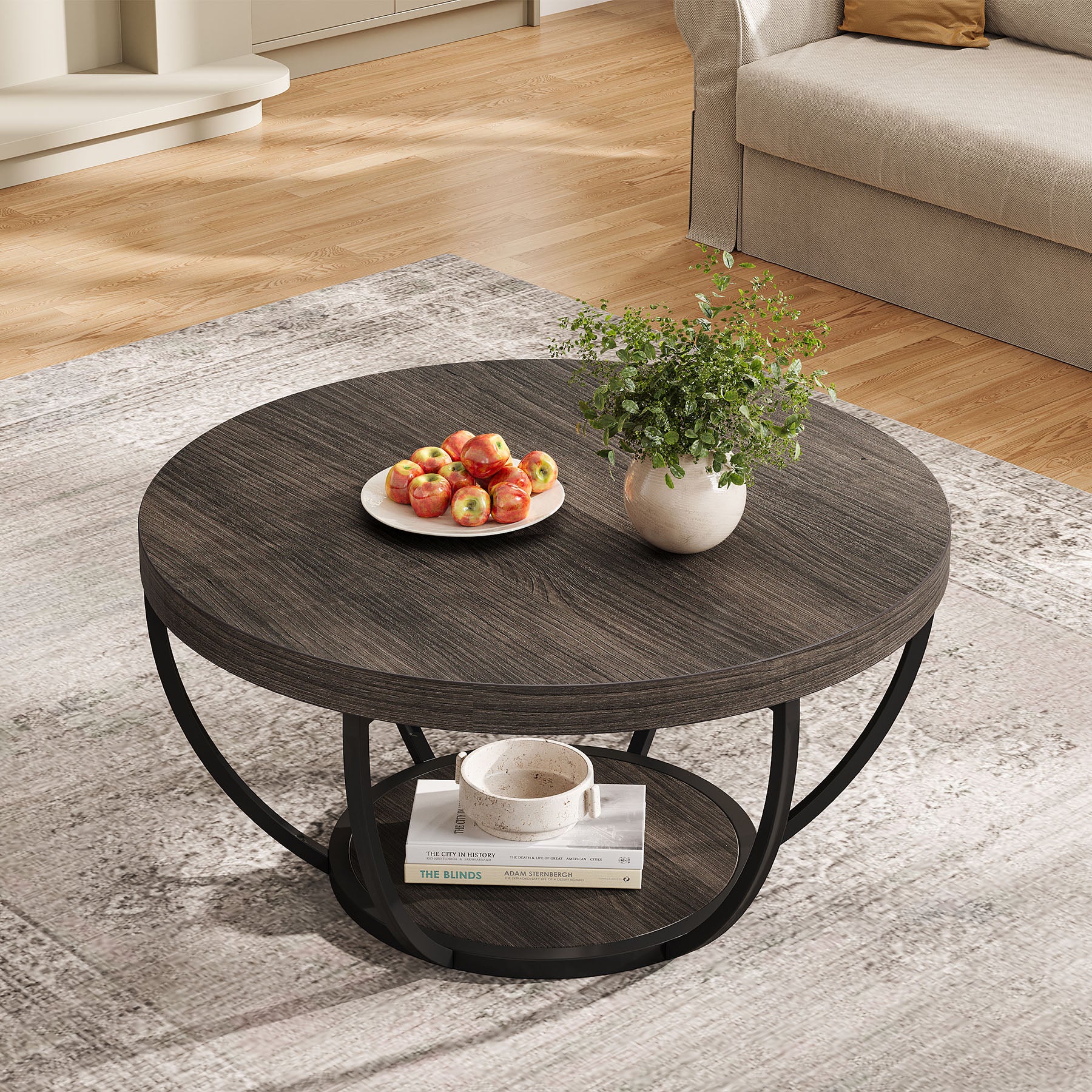 Round Coffee Table, 31.7" Center Table with 2-Tier Storage Shelves - Image 20