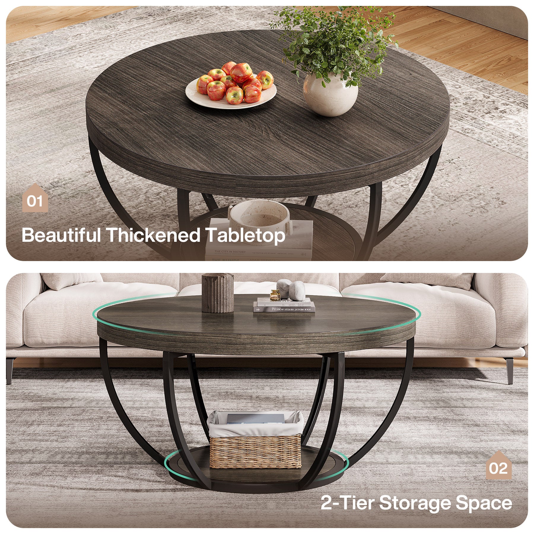 Round Coffee Table, 31.7" Center Table with 2-Tier Storage Shelves - Image 21