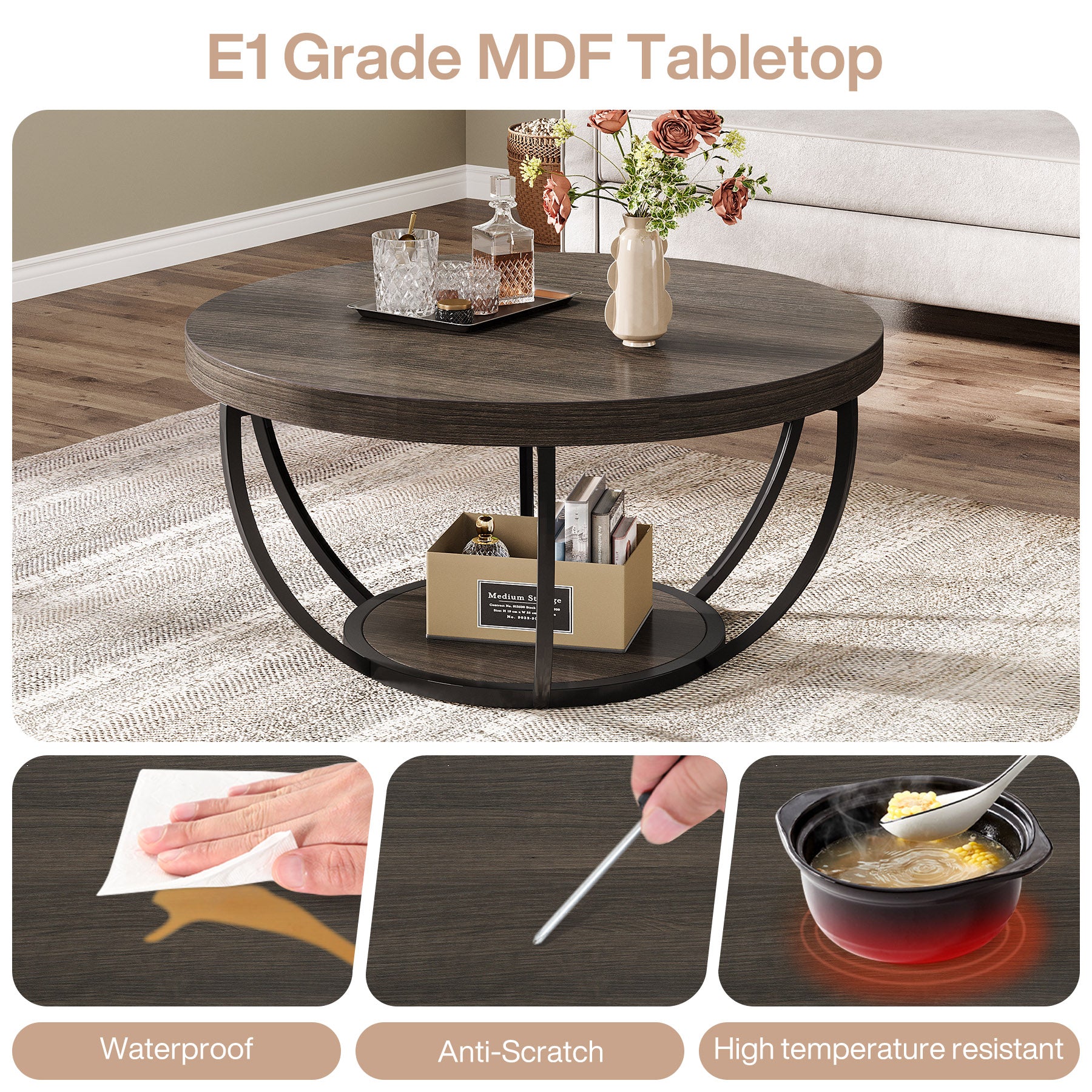 Round Coffee Table, 31.7" Center Table with 2-Tier Storage Shelves - Image 22