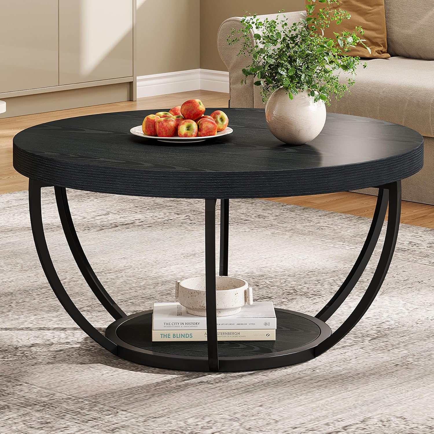 Round Coffee Table, 31.7" Center Table with 2-Tier Storage Shelves - Image 24