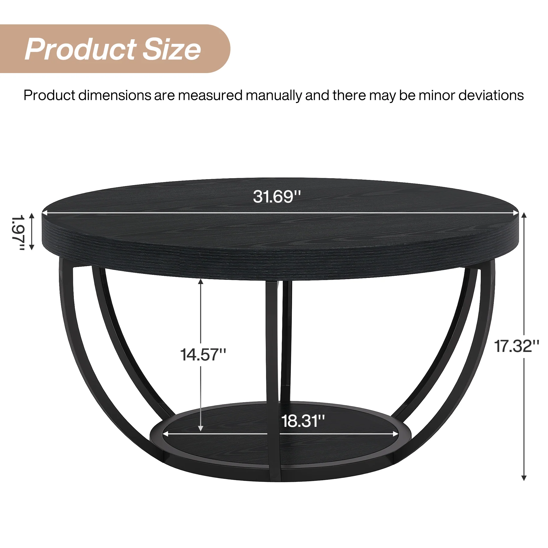Round Coffee Table, 31.7" Center Table with 2-Tier Storage Shelves - Image 25