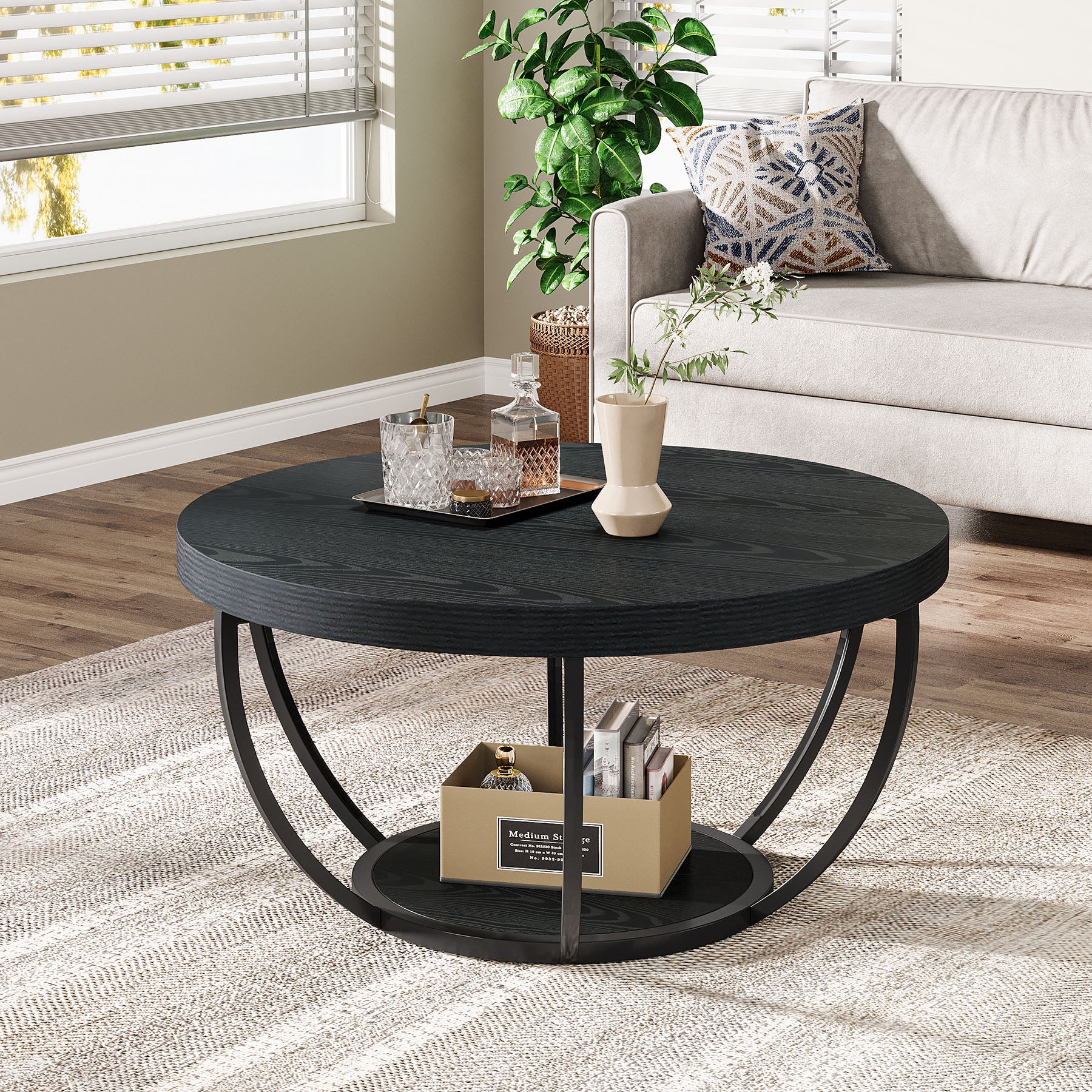 Round Coffee Table, 31.7" Center Table with 2-Tier Storage Shelves - Image 26