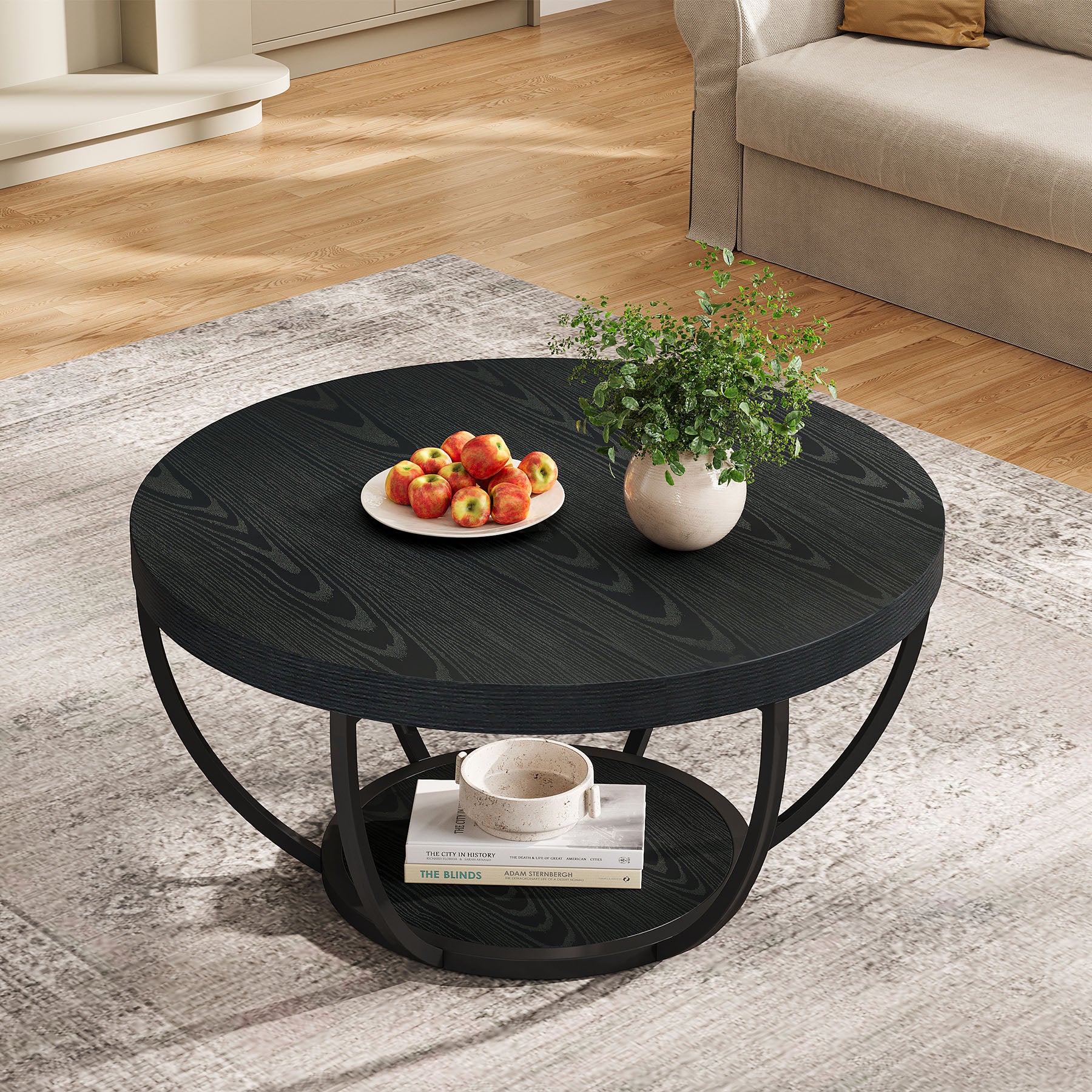 Round Coffee Table, 31.7" Center Table with 2-Tier Storage Shelves - Image 27