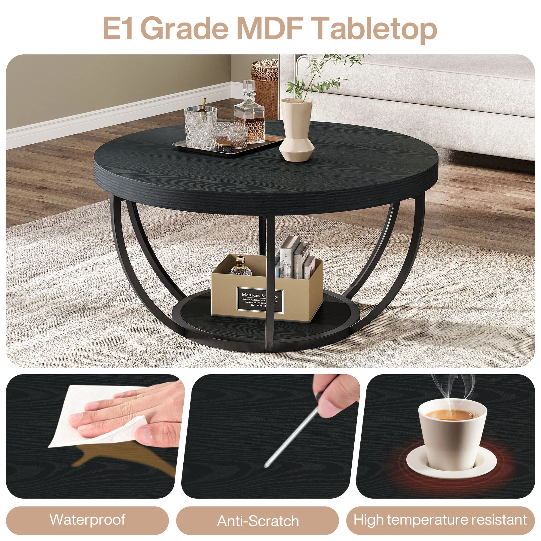 Round Coffee Table, 31.7" Center Table with 2-Tier Storage Shelves - Image 28