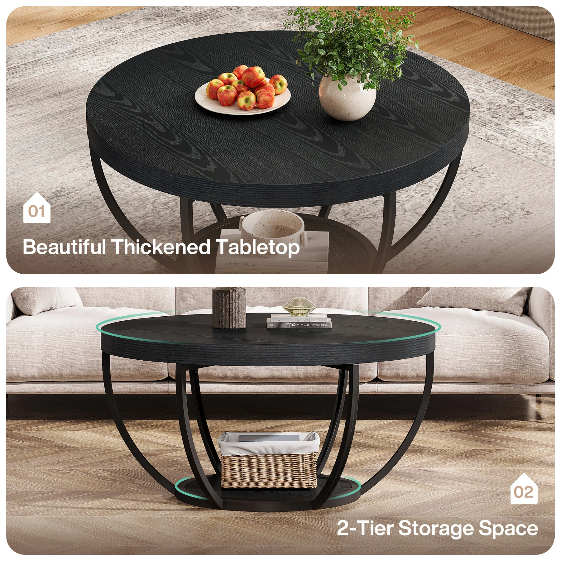 Round Coffee Table, 31.7" Center Table with 2-Tier Storage Shelves - Image 29