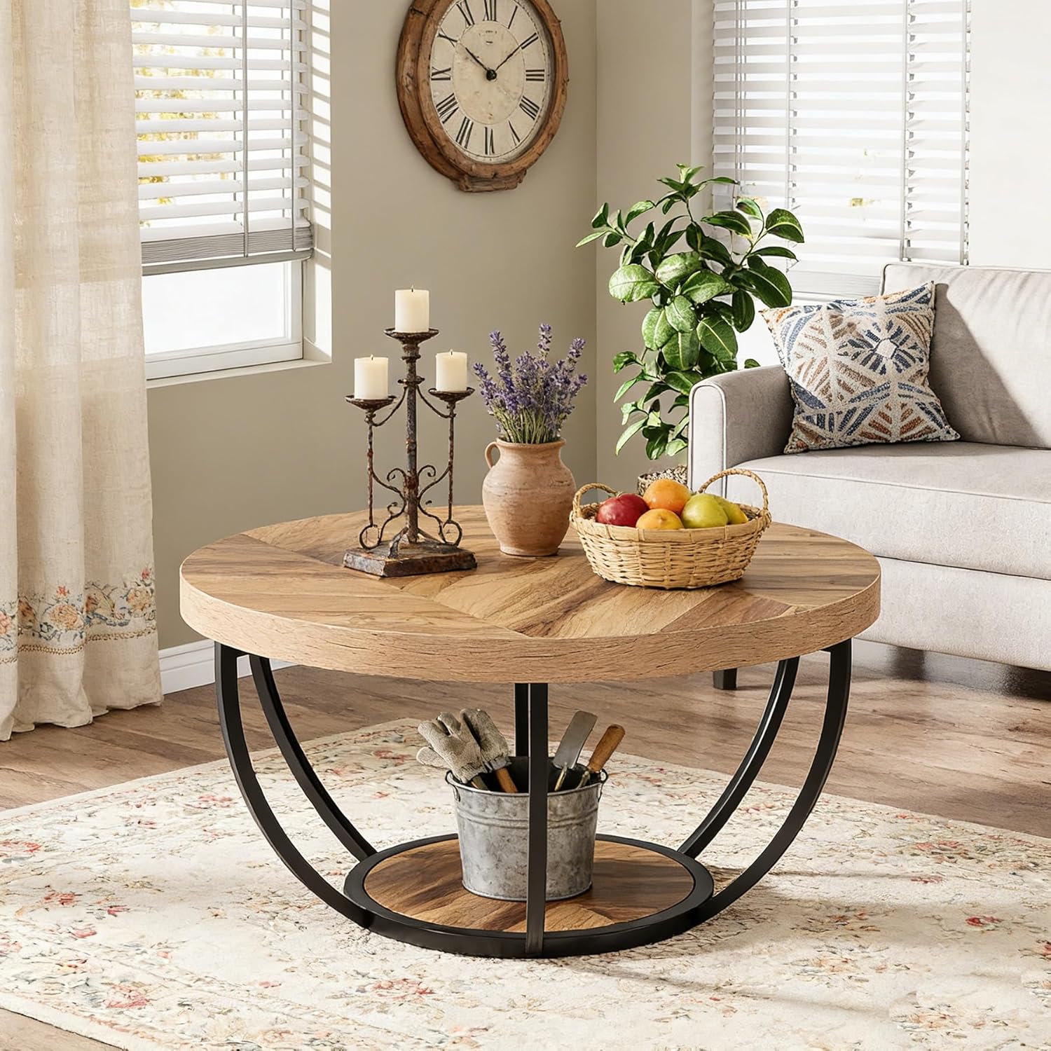 Round Coffee Table, 31.7" Center Table with 2-Tier Storage Shelves - Image 3