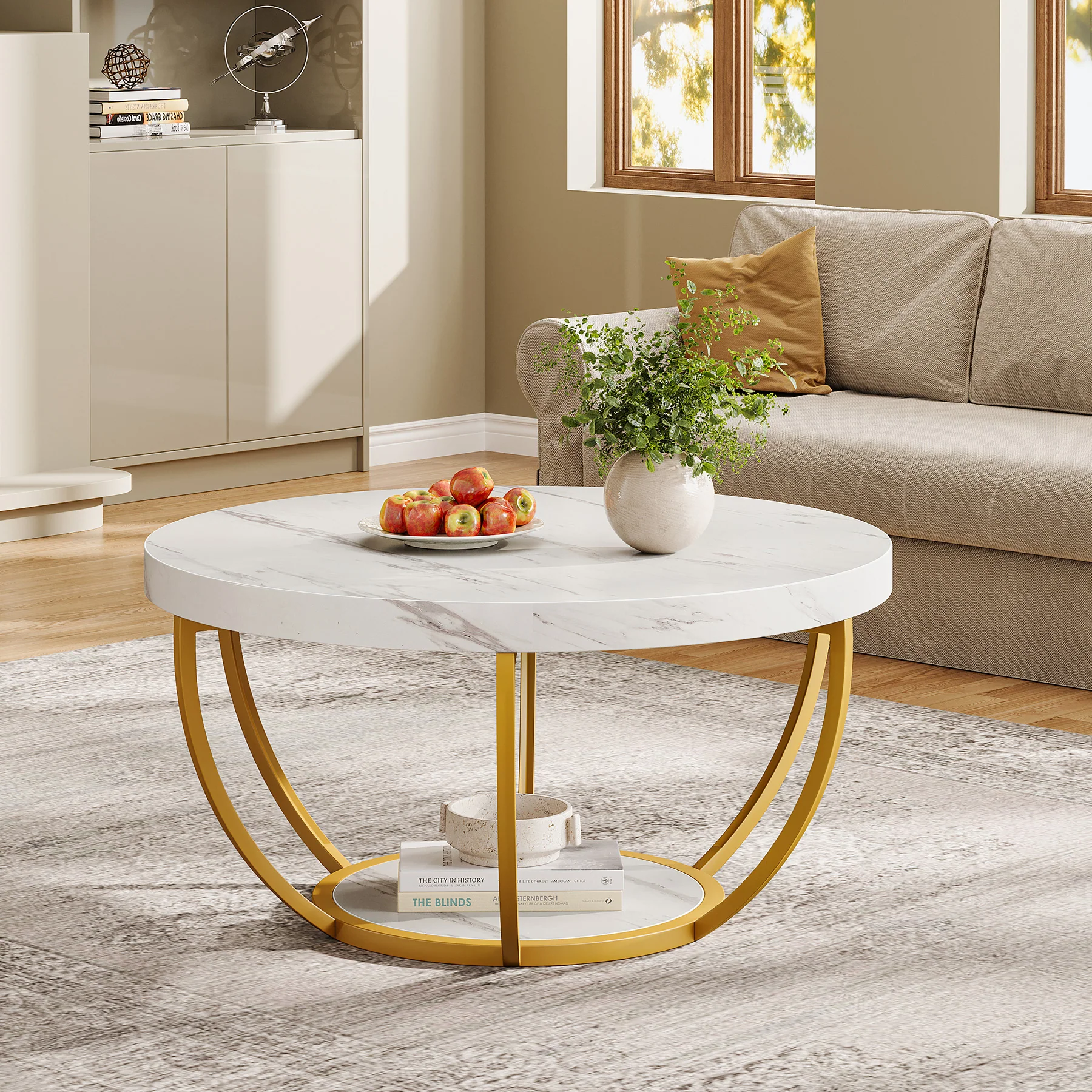 Round Coffee Table, 31.7" Center Table with 2-Tier Storage Shelves - Image 31