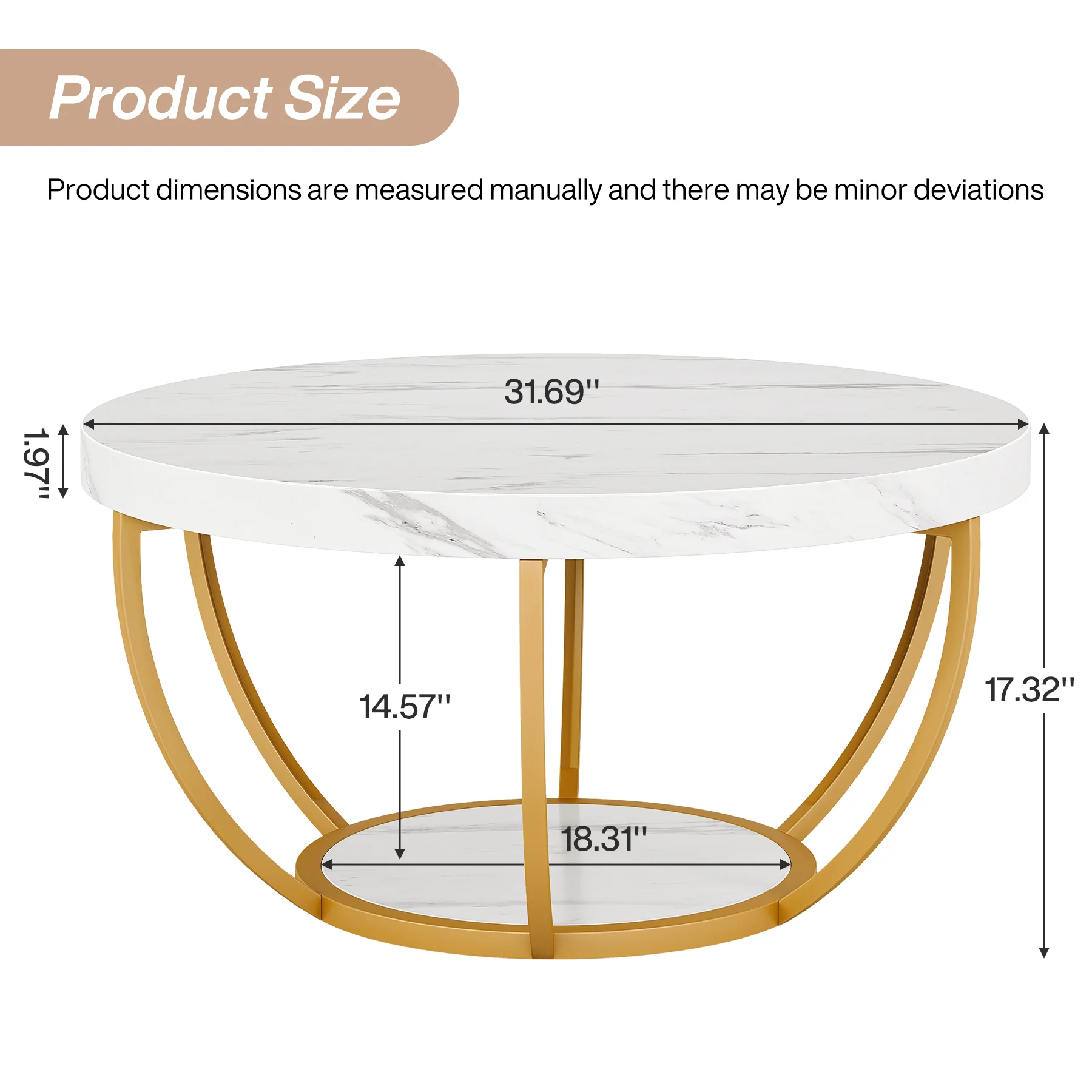 Round Coffee Table, 31.7" Center Table with 2-Tier Storage Shelves - Image 32