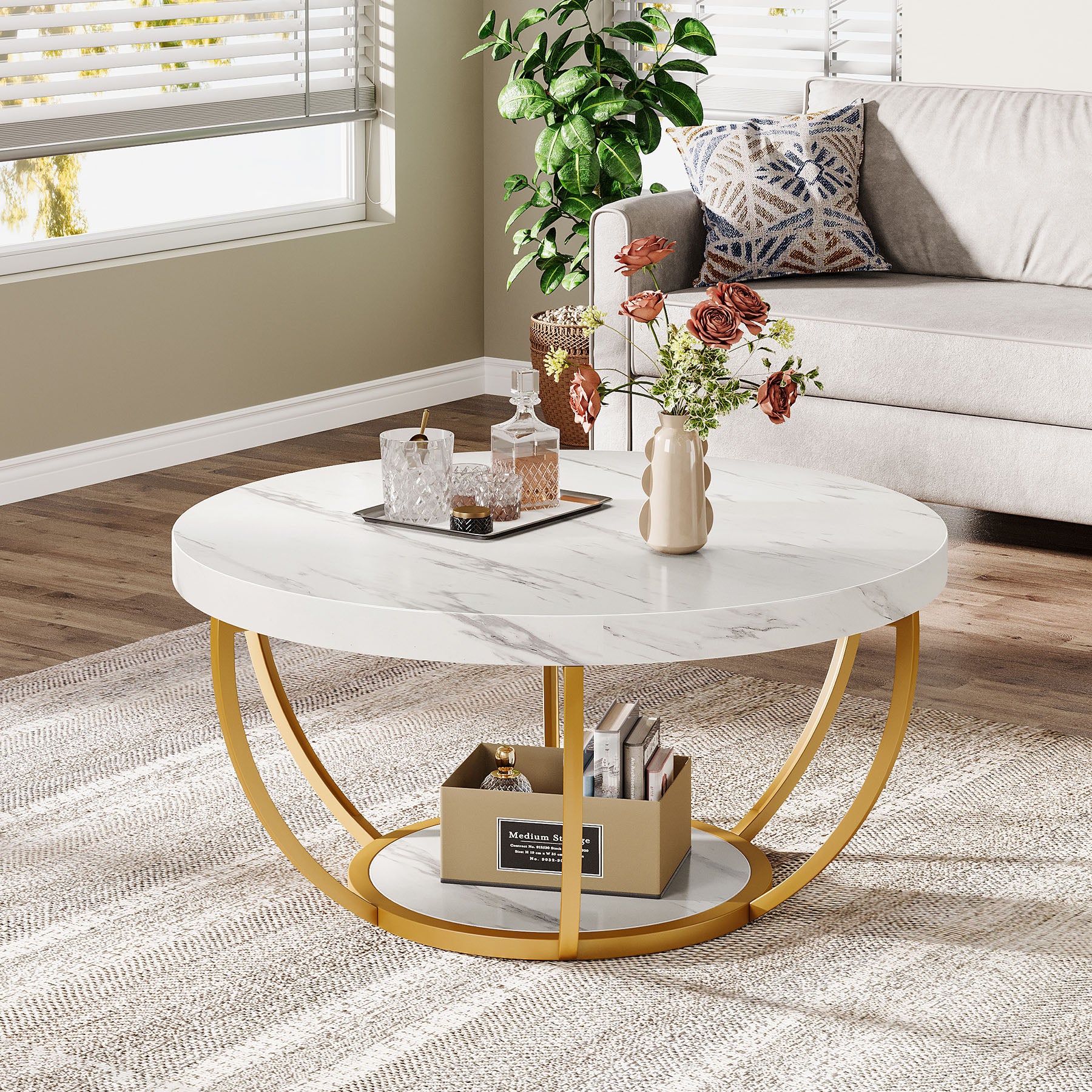 Round Coffee Table, 31.7" Center Table with 2-Tier Storage Shelves - Image 33