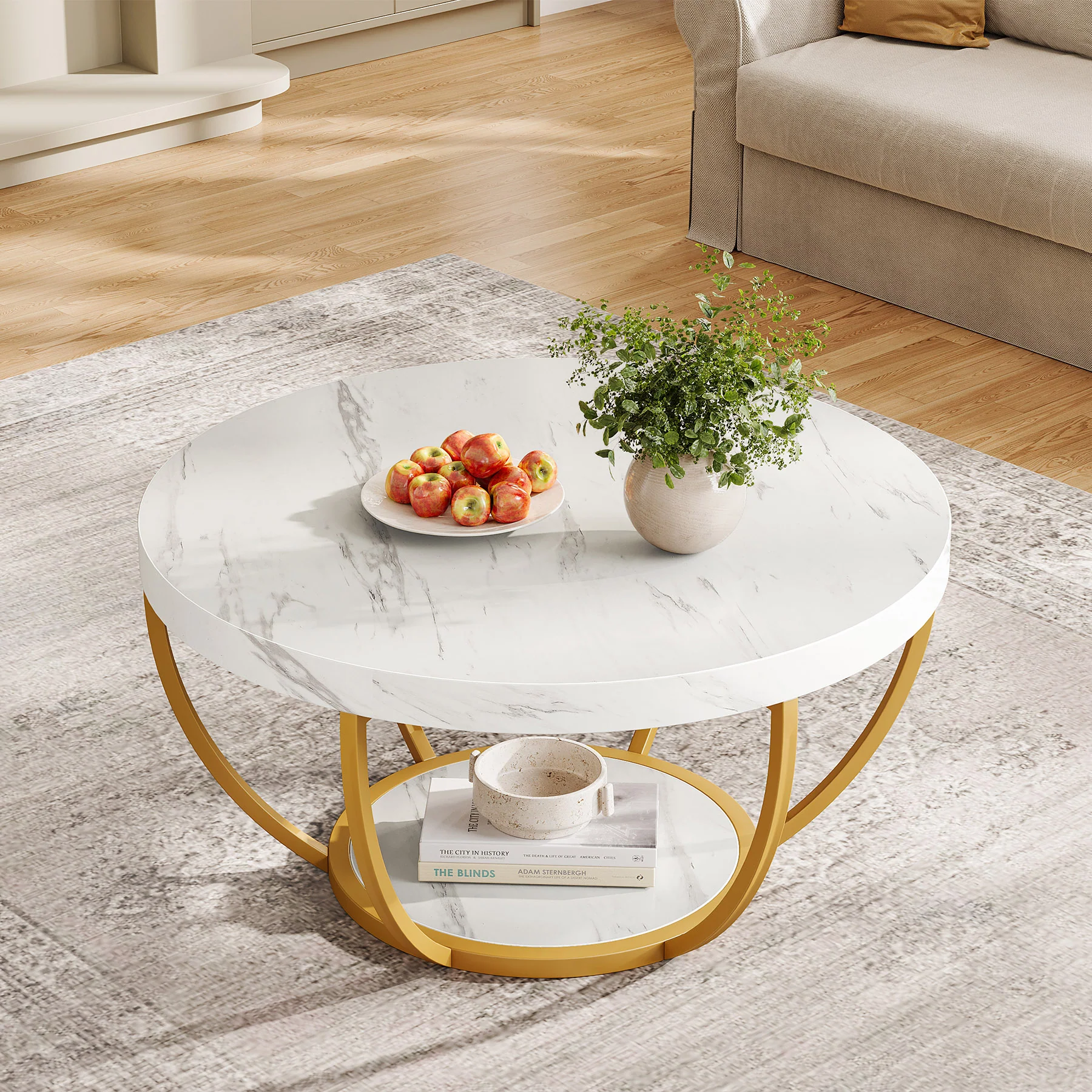Round Coffee Table, 31.7" Center Table with 2-Tier Storage Shelves - Image 34