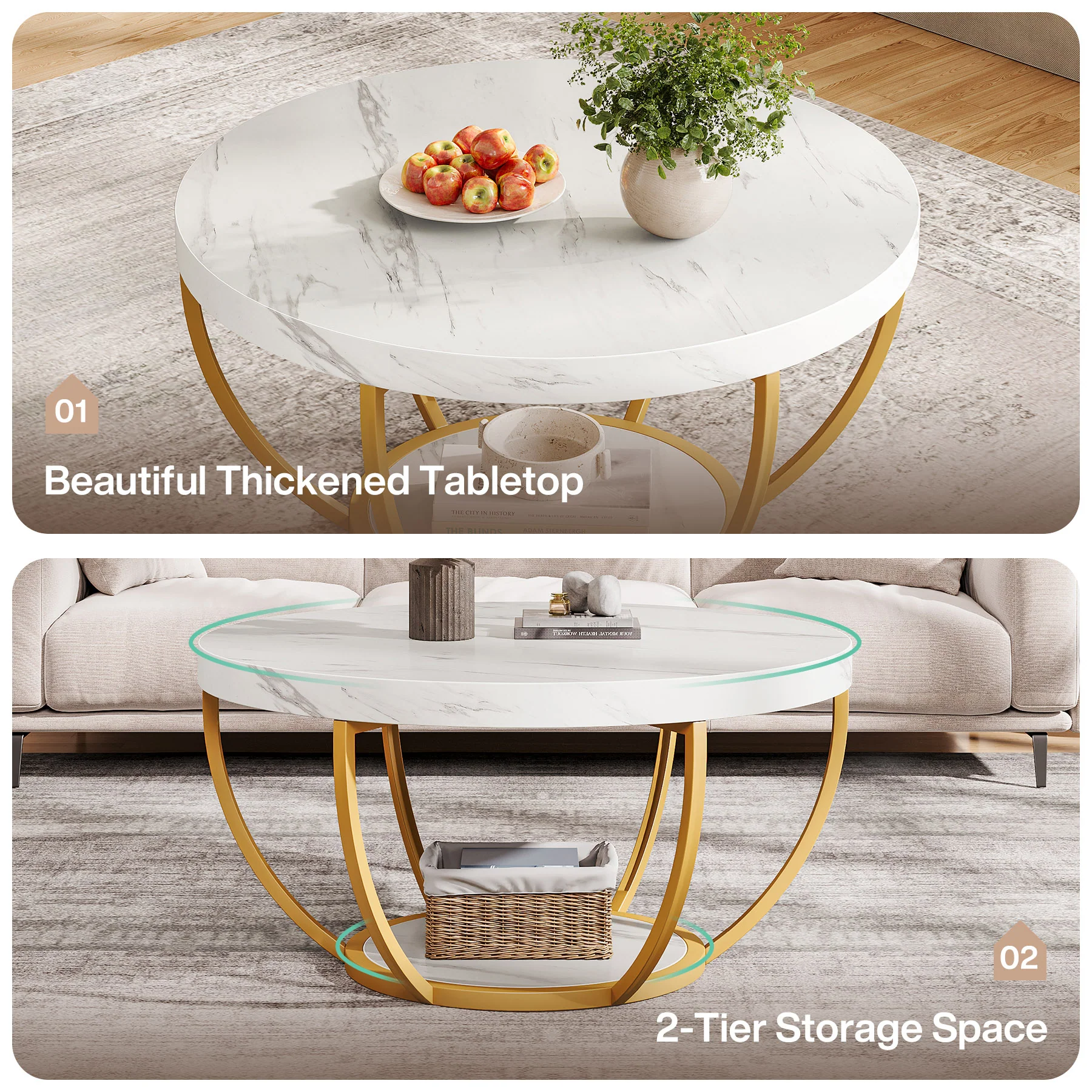 Round Coffee Table, 31.7" Center Table with 2-Tier Storage Shelves - Image 35