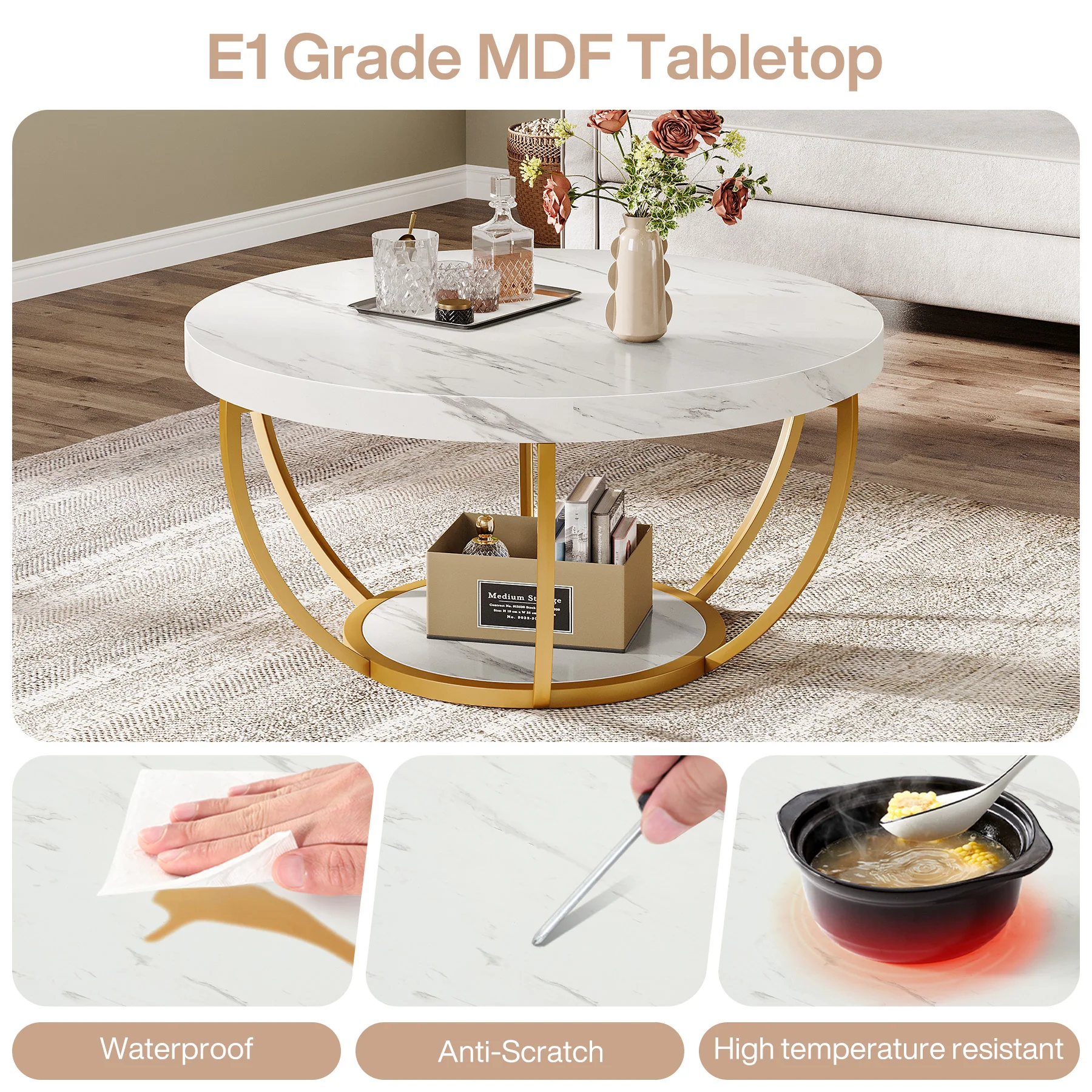 Round Coffee Table, 31.7" Center Table with 2-Tier Storage Shelves - Image 36