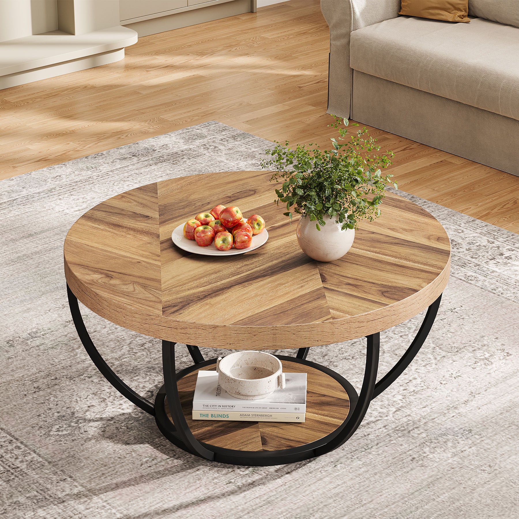 Round Coffee Table, 31.7" Center Table with 2-Tier Storage Shelves - Image 4