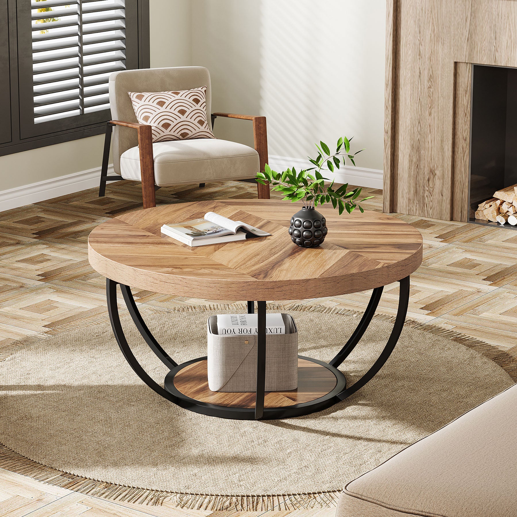 Round Coffee Table, 31.7" Center Table with 2-Tier Storage Shelves - Image 5