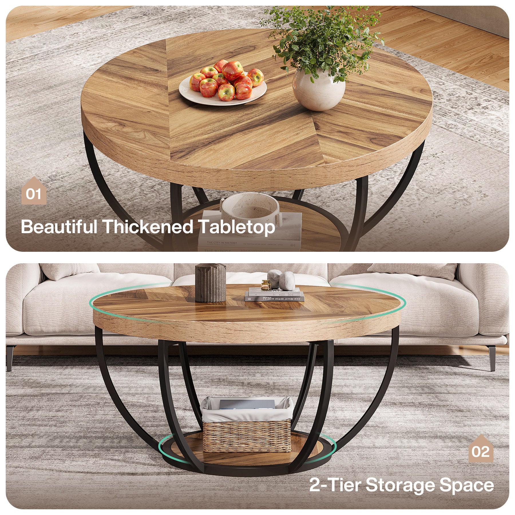 Round Coffee Table, 31.7" Center Table with 2-Tier Storage Shelves - Image 6