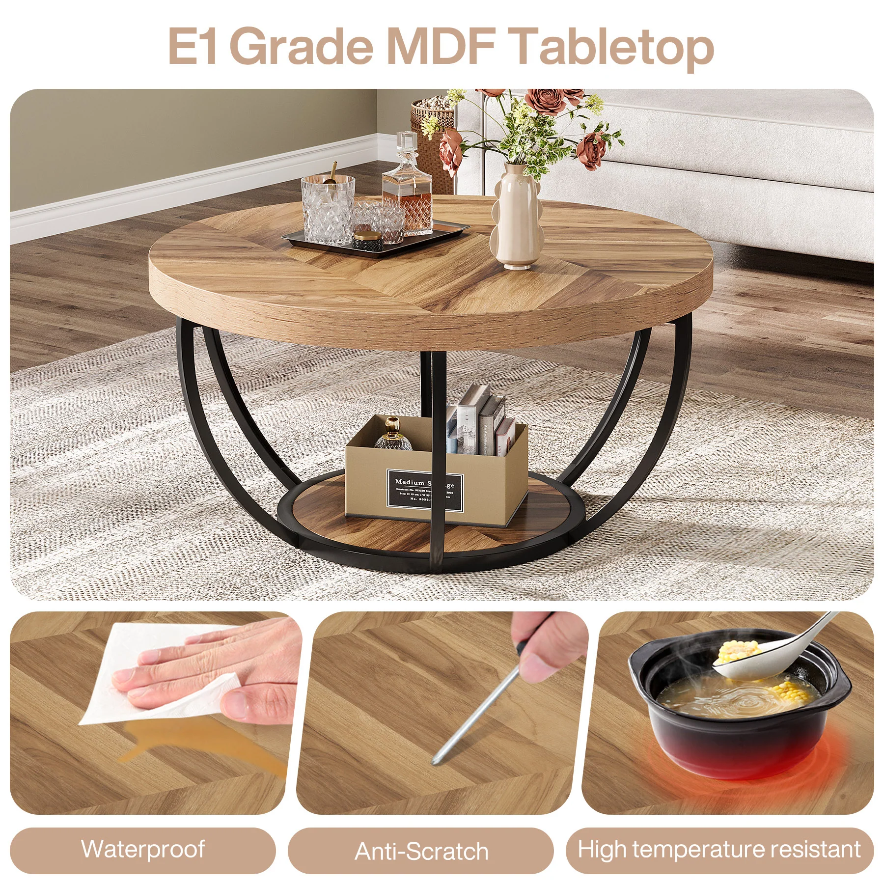 Round Coffee Table, 31.7" Center Table with 2-Tier Storage Shelves - Image 7