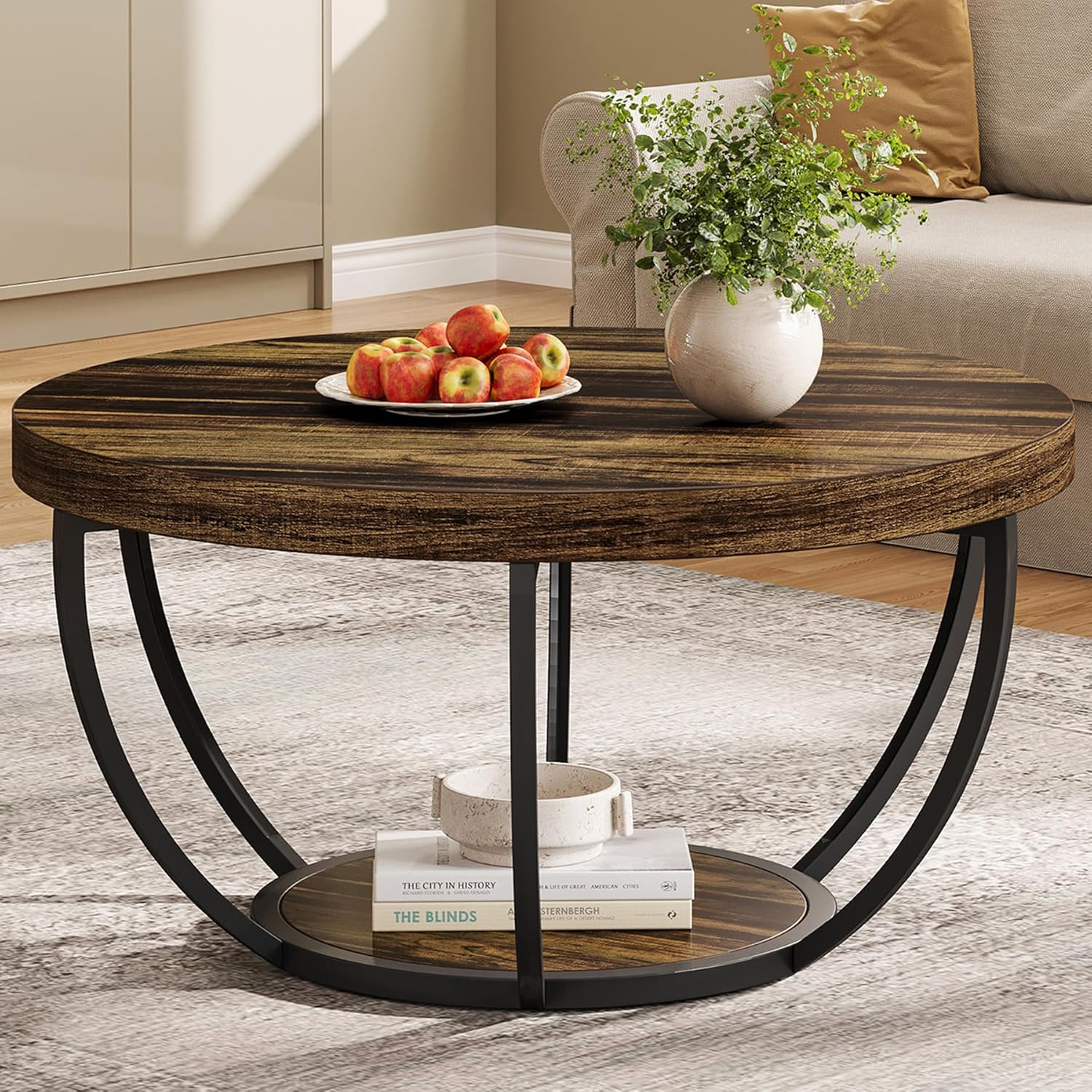 Round Coffee Table, 31.7" Center Table with 2-Tier Storage Shelves - Image 9