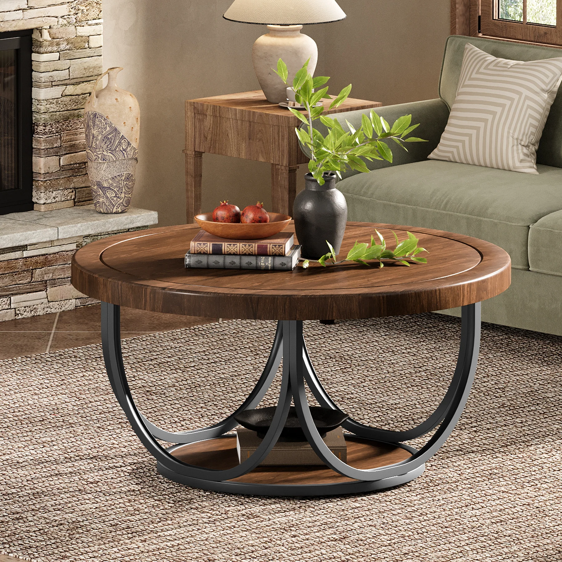 31.5" Round Coffee Table with Storage Shelf, Cocktail Table For Living Room - Image 3