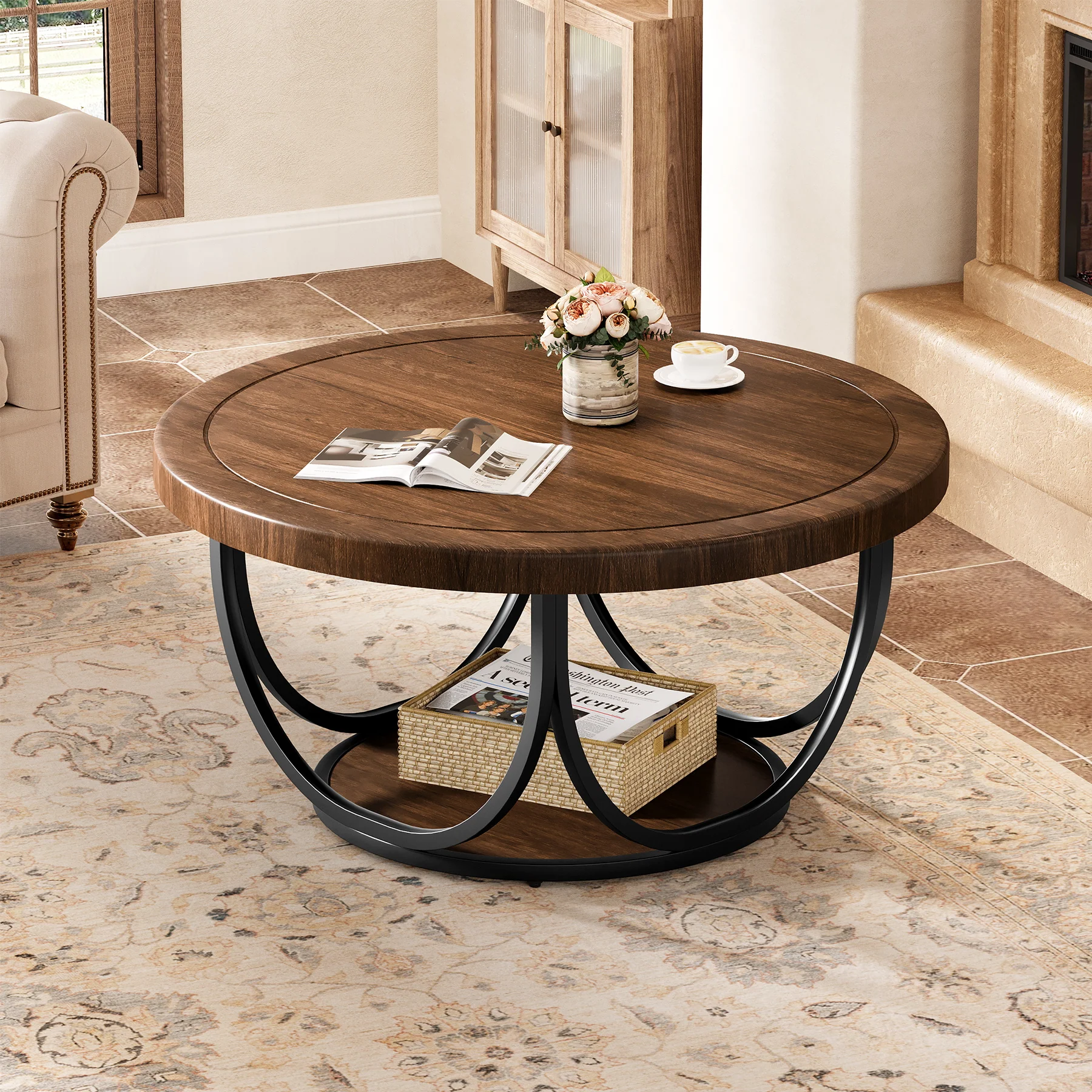 31.5" Round Coffee Table with Storage Shelf, Cocktail Table For Living Room - Image 4
