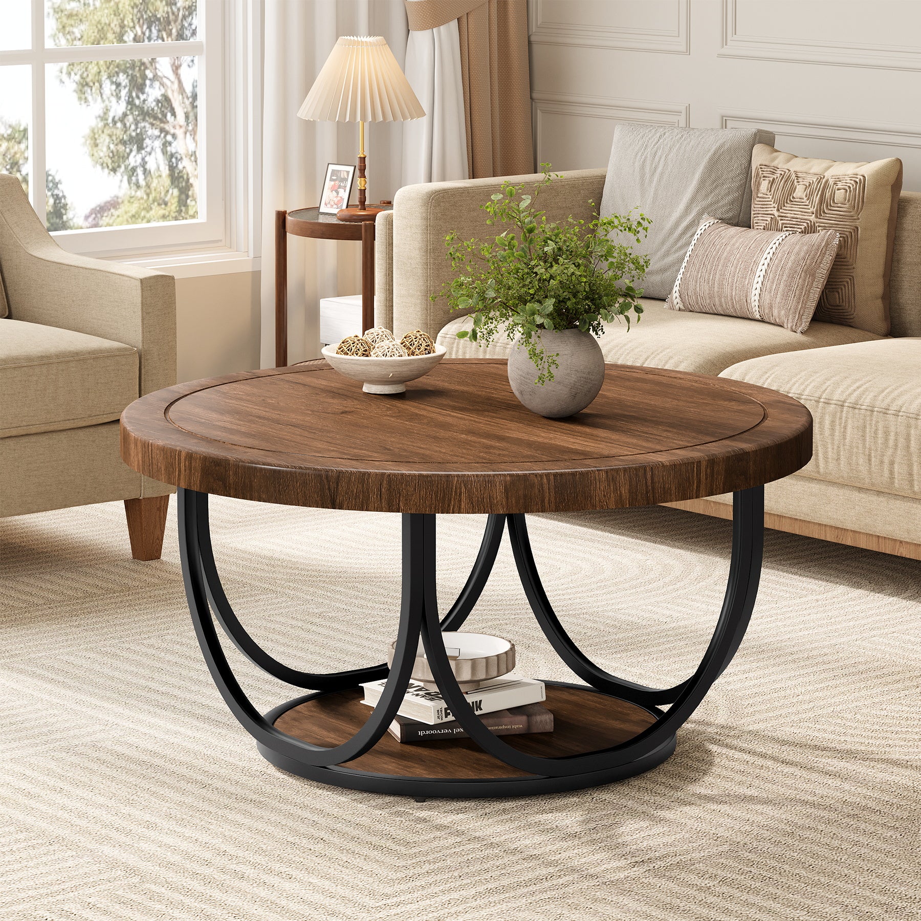 31.5" Round Coffee Table with Storage Shelf, Cocktail Table For Living Room - Image 5