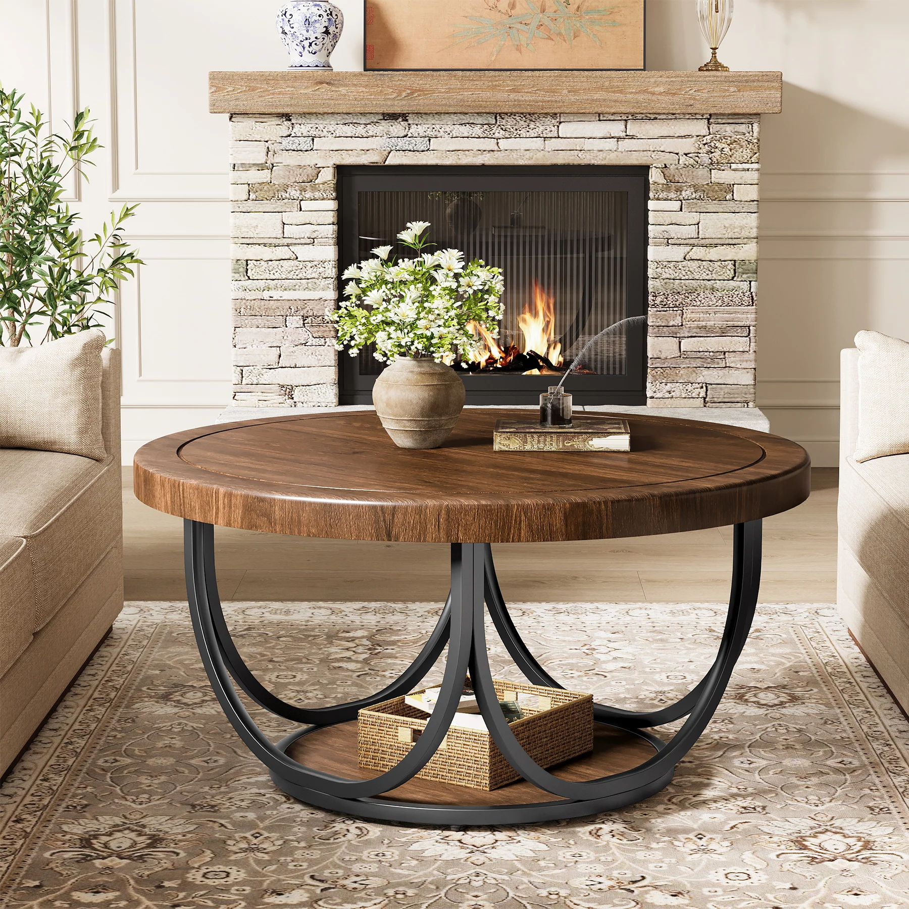 31.5" Round Coffee Table with Storage Shelf, Cocktail Table For Living Room - Image 6