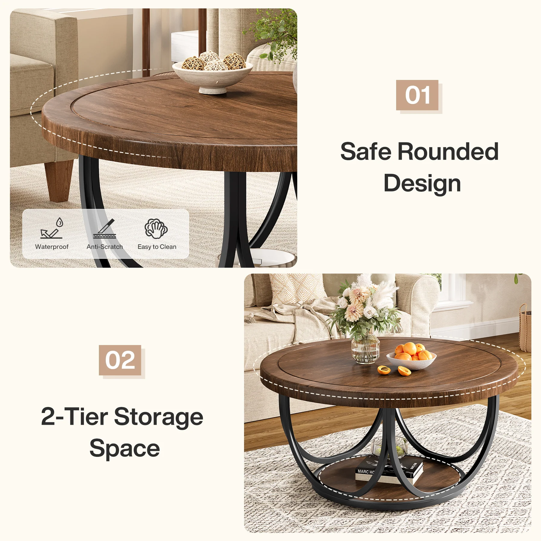31.5" Round Coffee Table with Storage Shelf, Cocktail Table For Living Room - Image 7