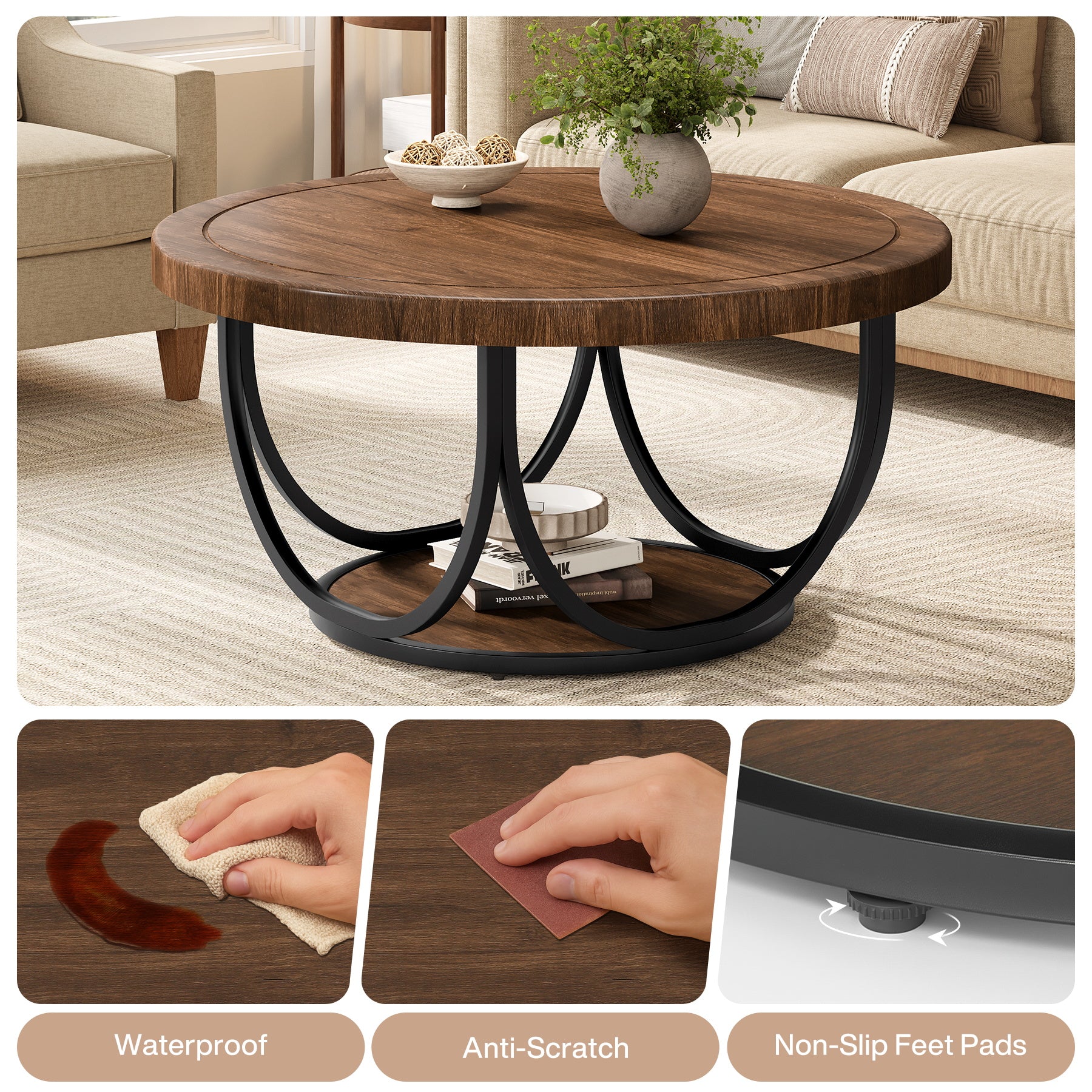 31.5" Round Coffee Table with Storage Shelf, Cocktail Table For Living Room - Image 8