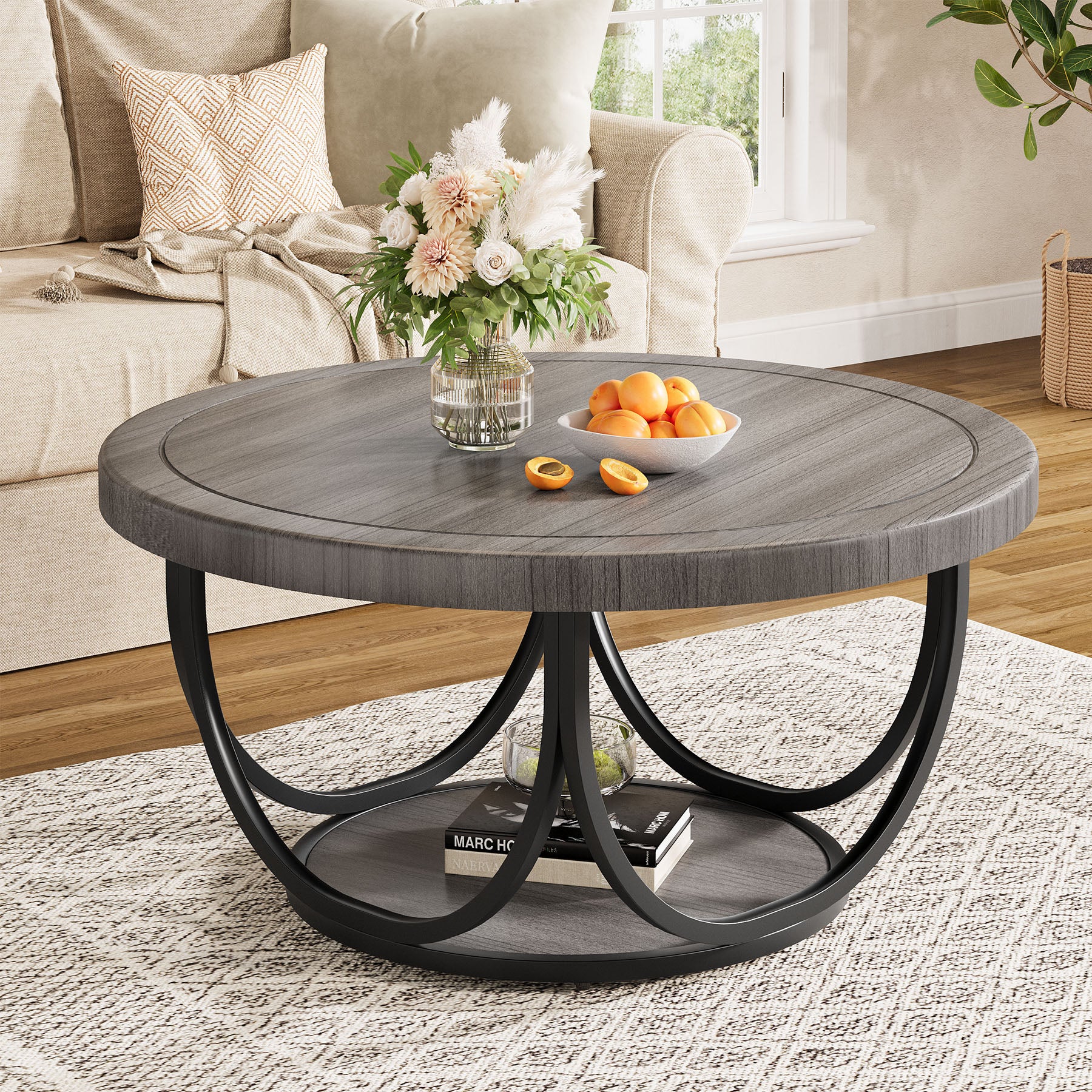 31.5" Round Coffee Table with Storage Shelf, Cocktail Table For Living Room - Image 9