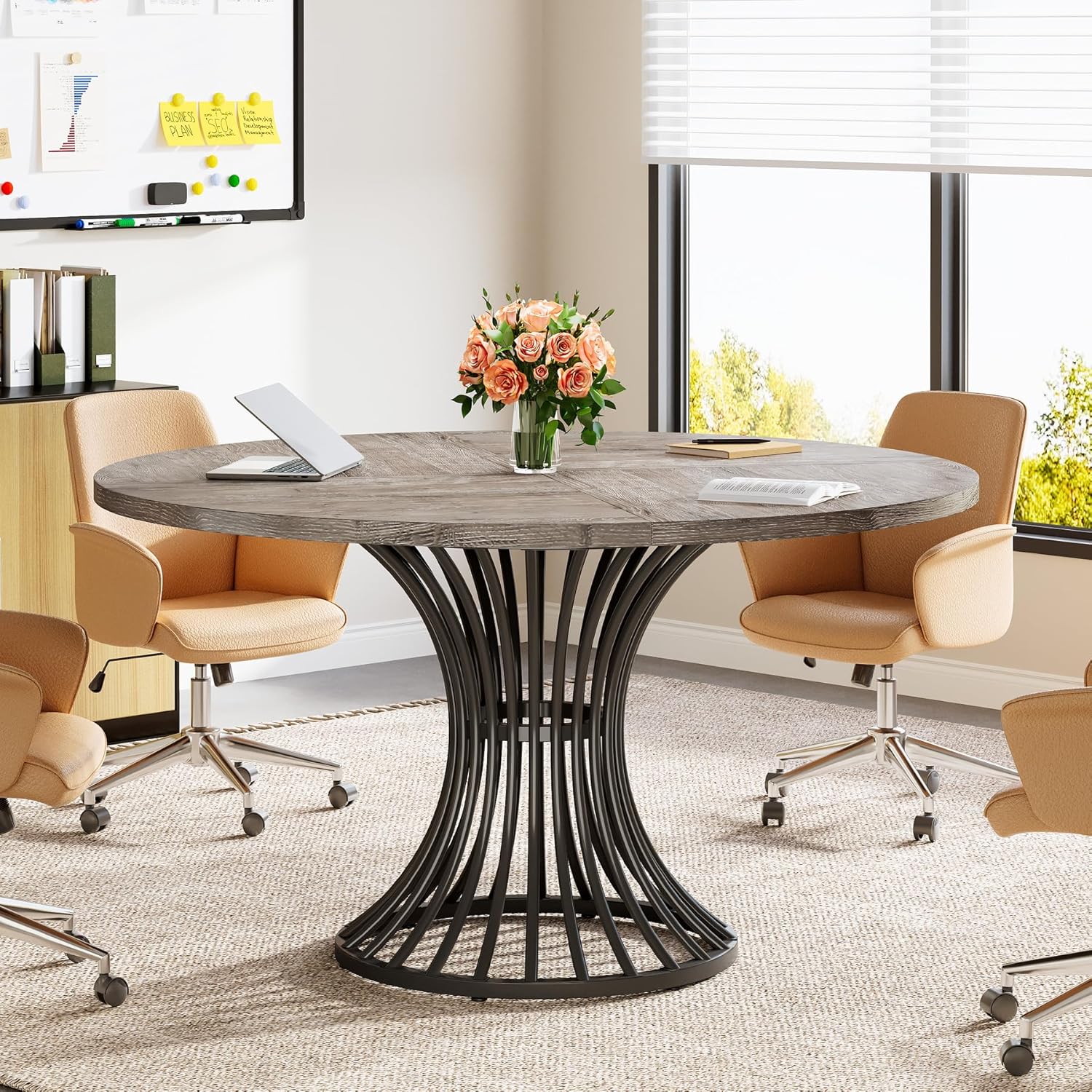 Round Conference Table for 4-6, 47" Meeting Table with Metal Base - Image 3