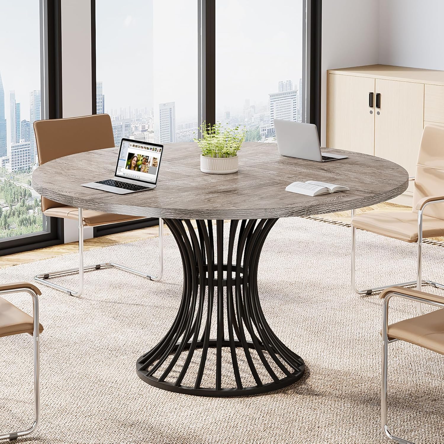 Round Conference Table for 4-6, 47" Meeting Table with Metal Base - Image 5
