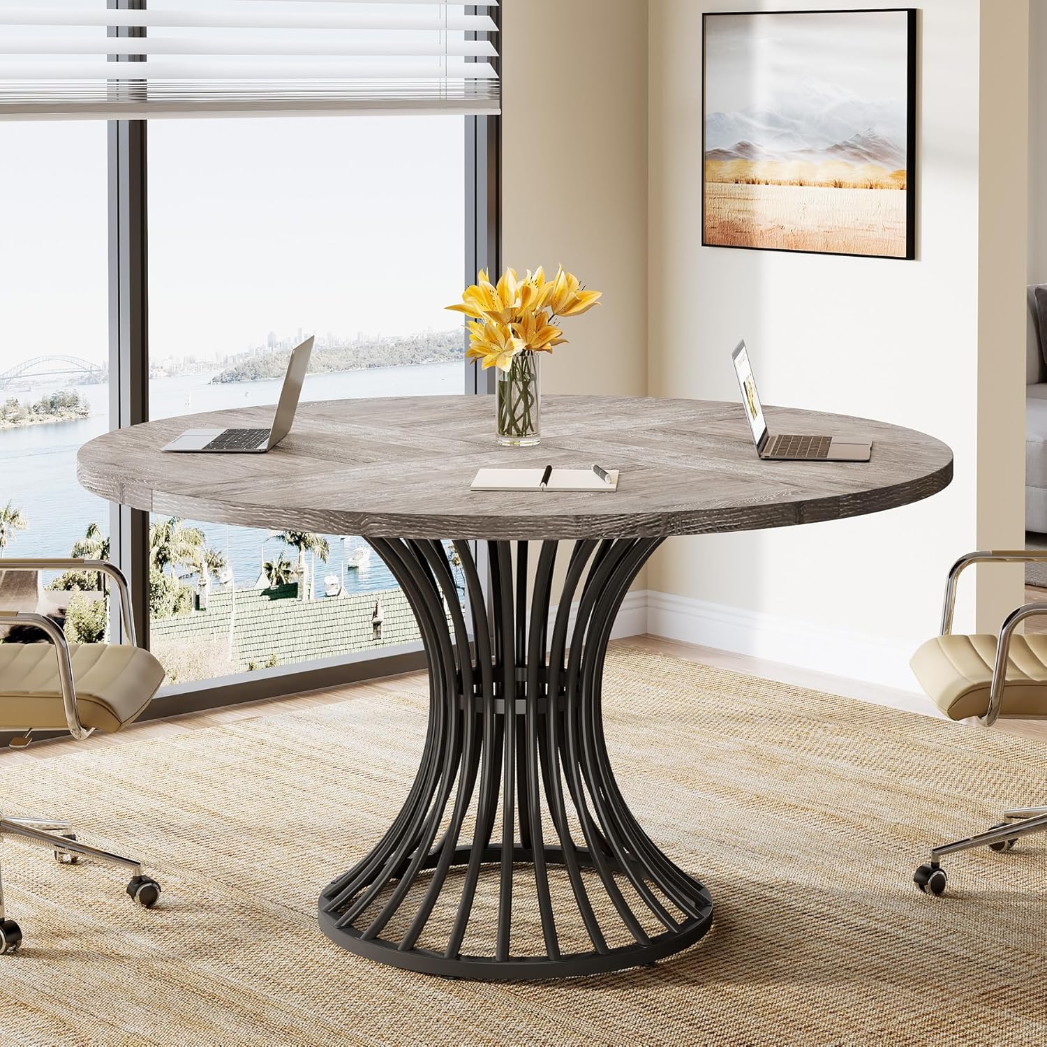 Round Conference Table for 4-6, 47" Meeting Table with Metal Base - Image 7