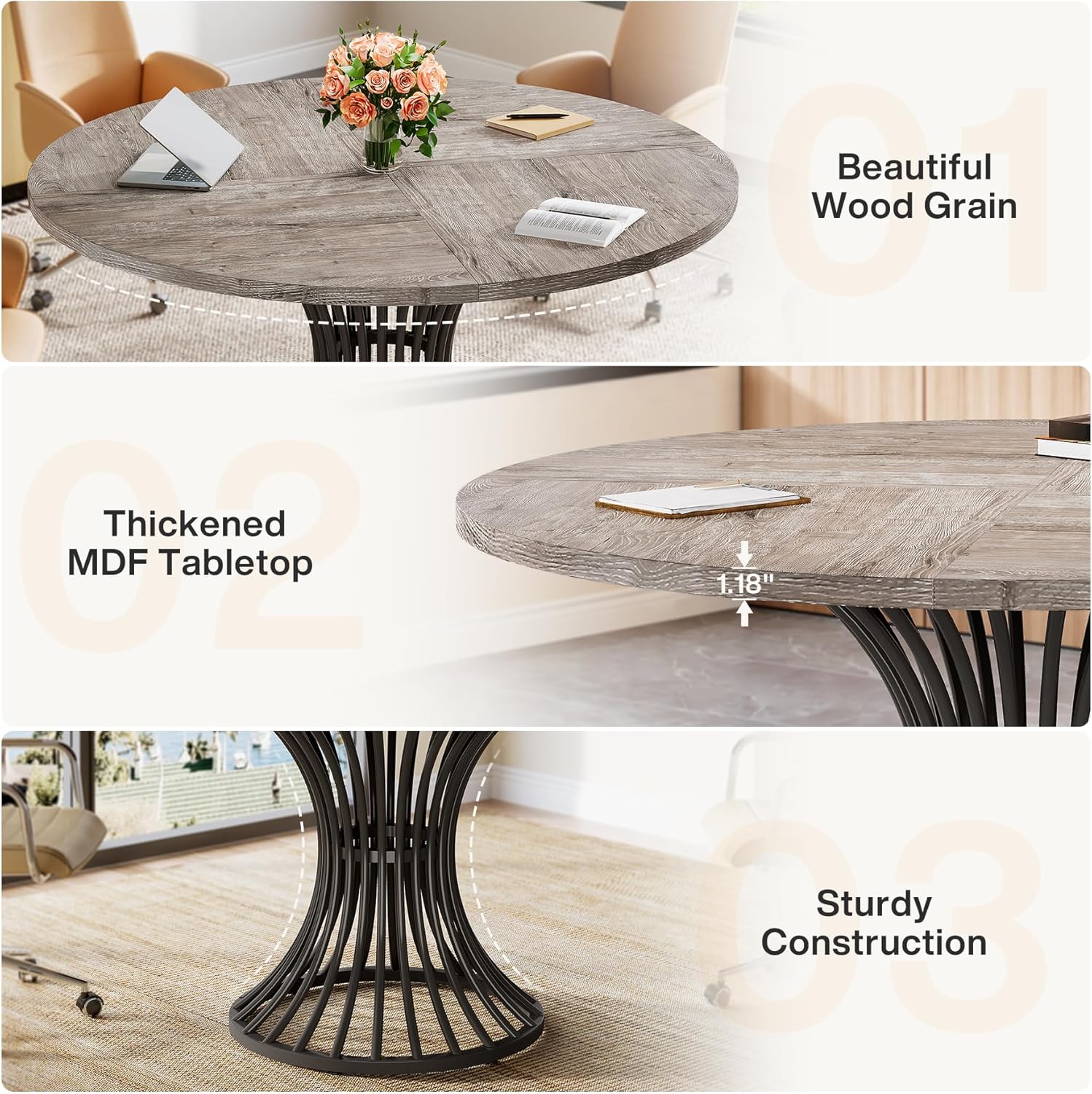 Round Conference Table for 4-6, 47" Meeting Table with Metal Base - Image 8