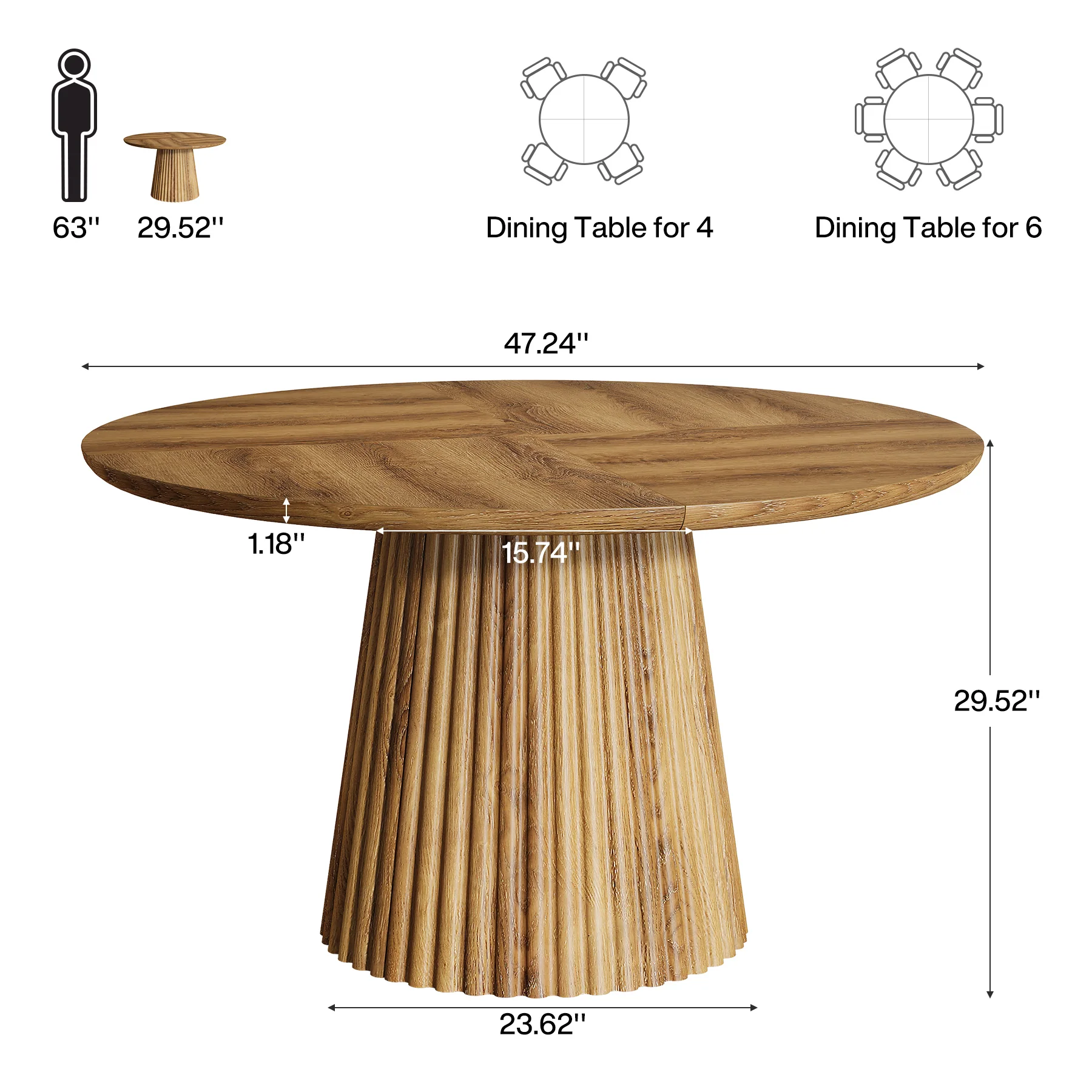 Round Dining Table, 47.24" Kitchen Table with Fluted Design for 4-6 - Image 2